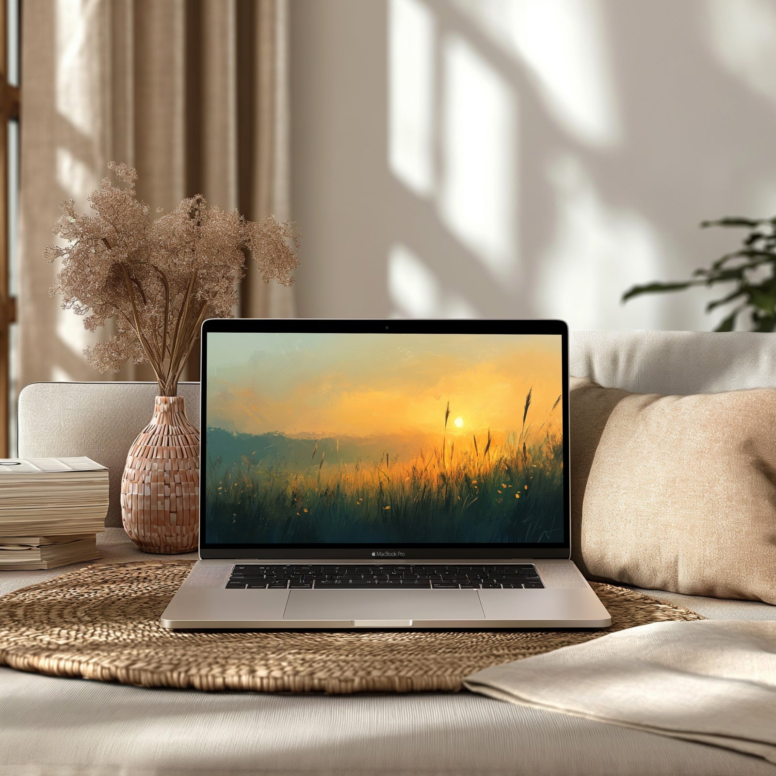 Landscape computer wallpaper with a serene sunset over a golden field, bringing warmth, tranquility, and natural inspiration to your digital workspace