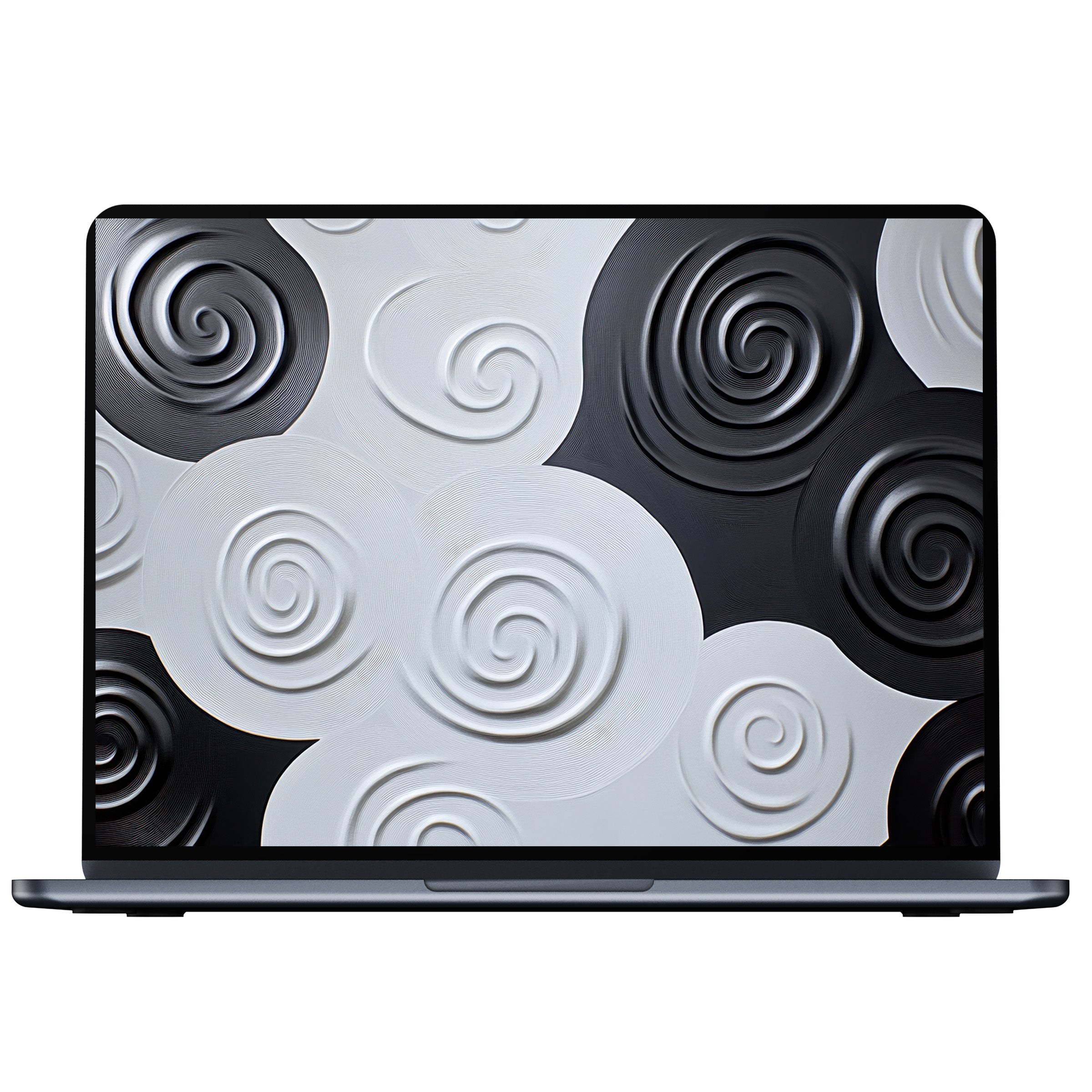 Minimalist desktop wallpaper featuring elegant black and white swirls for a calm, inspiring digital download on PC or laptop
