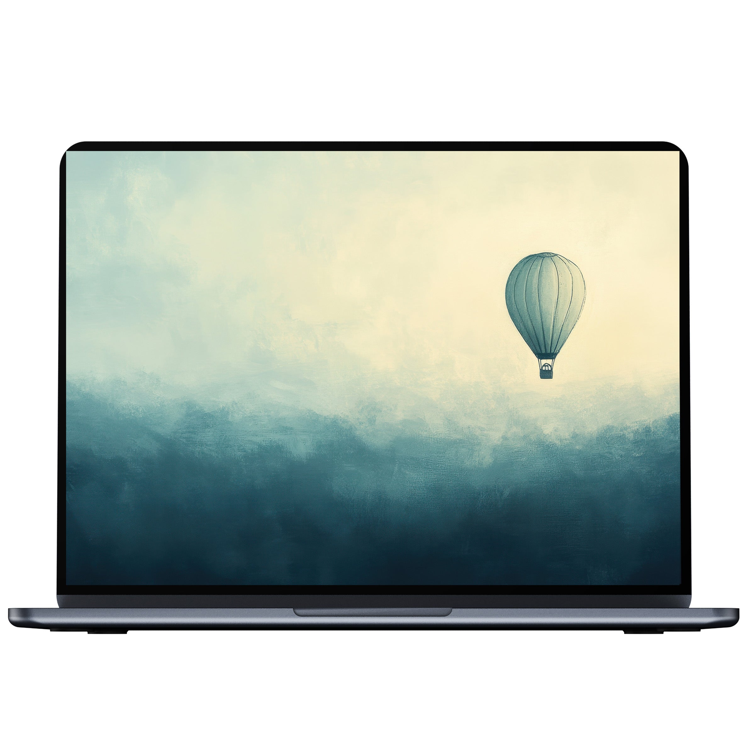 Minimalist desktop wallpaper featuring a serene hot air balloon over misty blue skies, perfect digital download for PC, Laptop, Mac