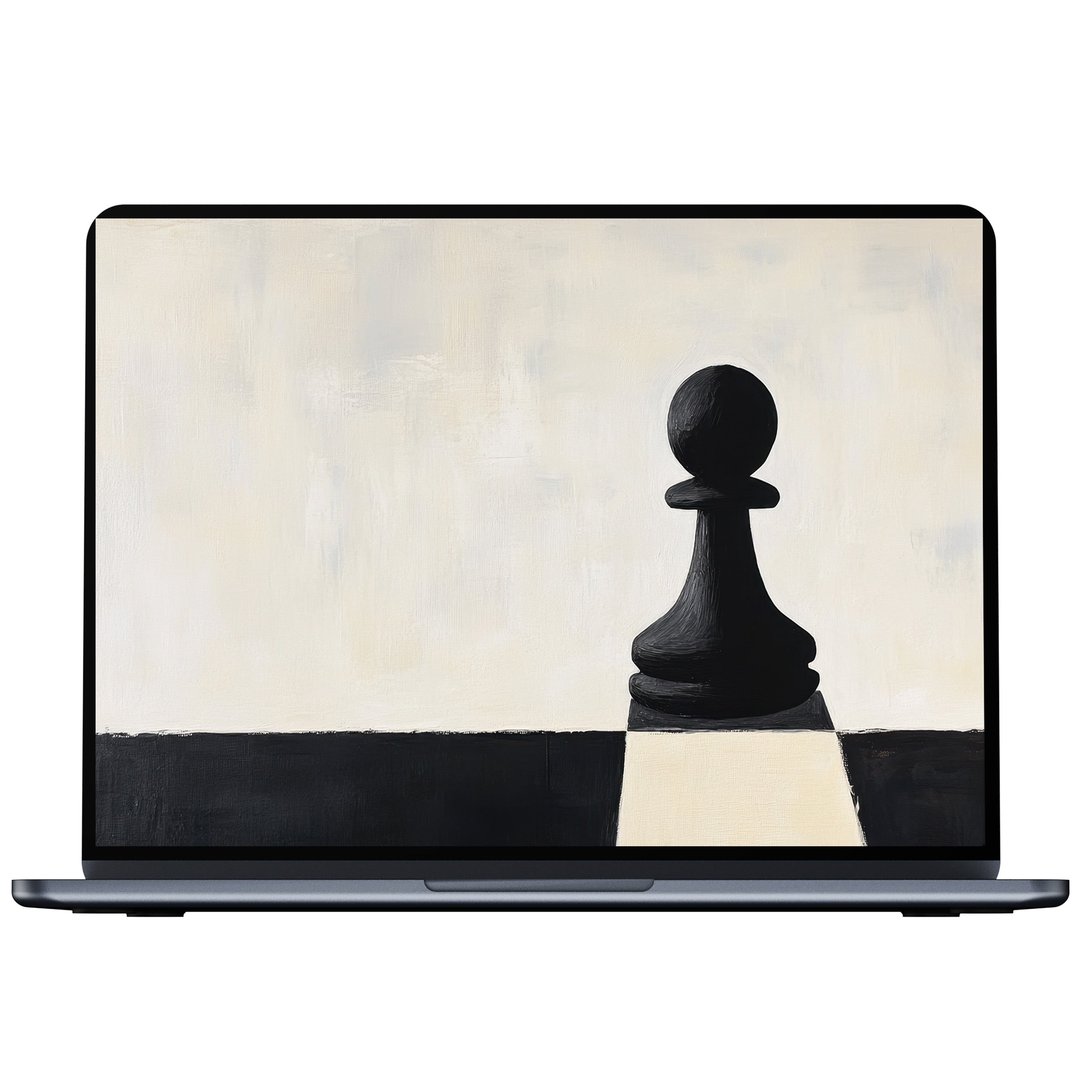 Minimalist desktop wallpaper featuring a black chess pawn on an elegant neutral background for digital download on PC, Laptop, or Mac