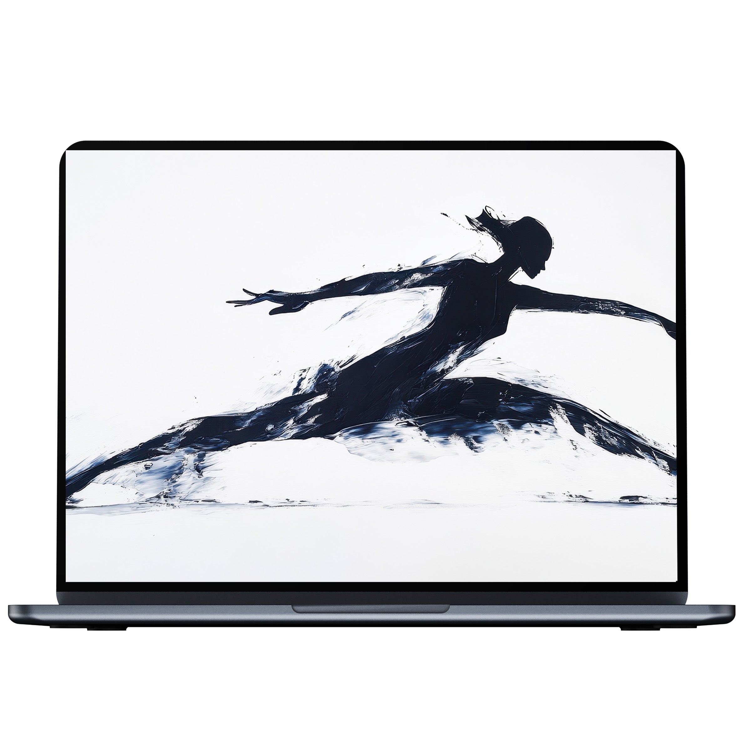 Minimalist desktop wallpaper featuring an elegant black brushstroke dancer on white, perfect digital download for PC or laptop background