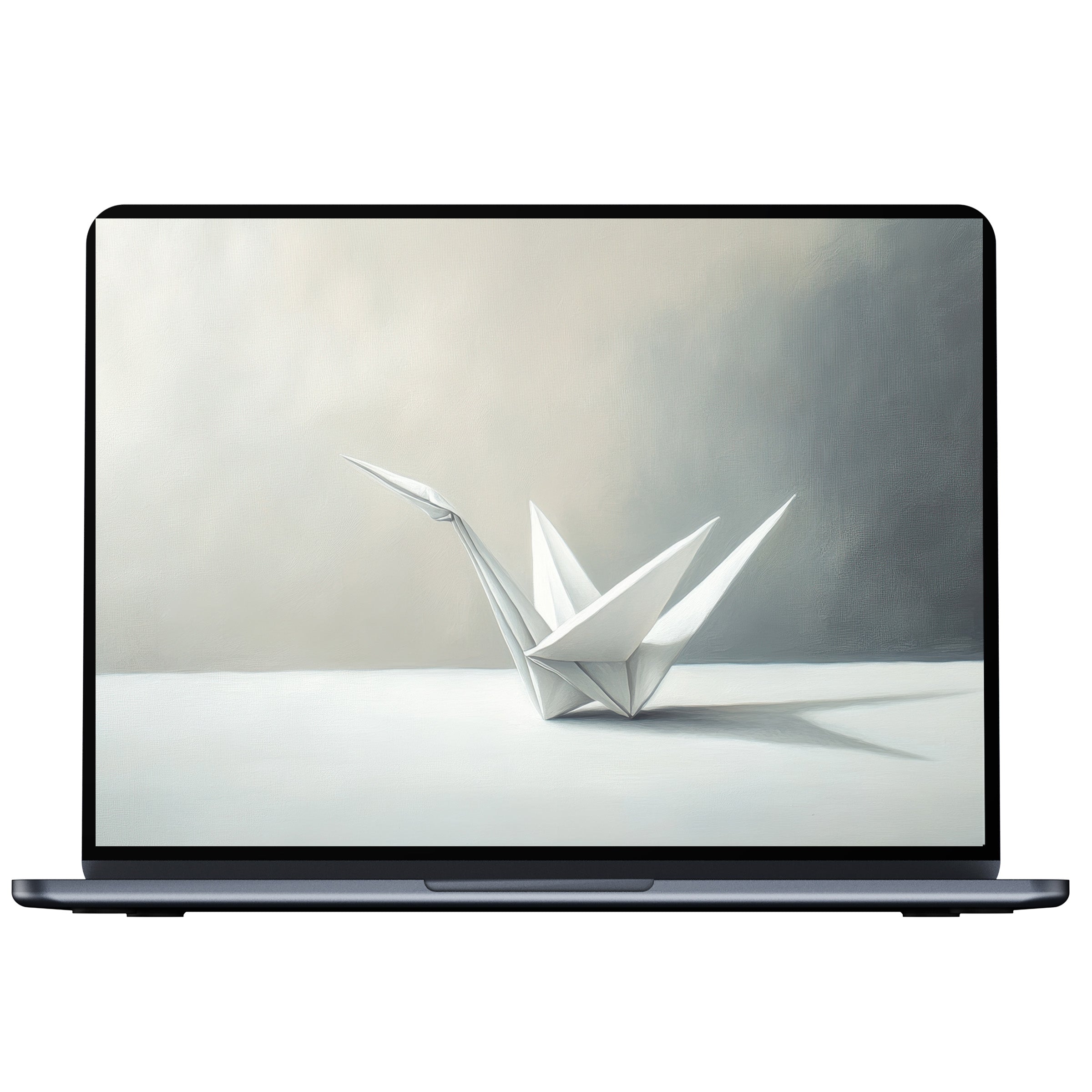 Minimalist desktop wallpaper featuring a serene origami crane in soft grays enhances calm and elegance on any PC or laptop screen