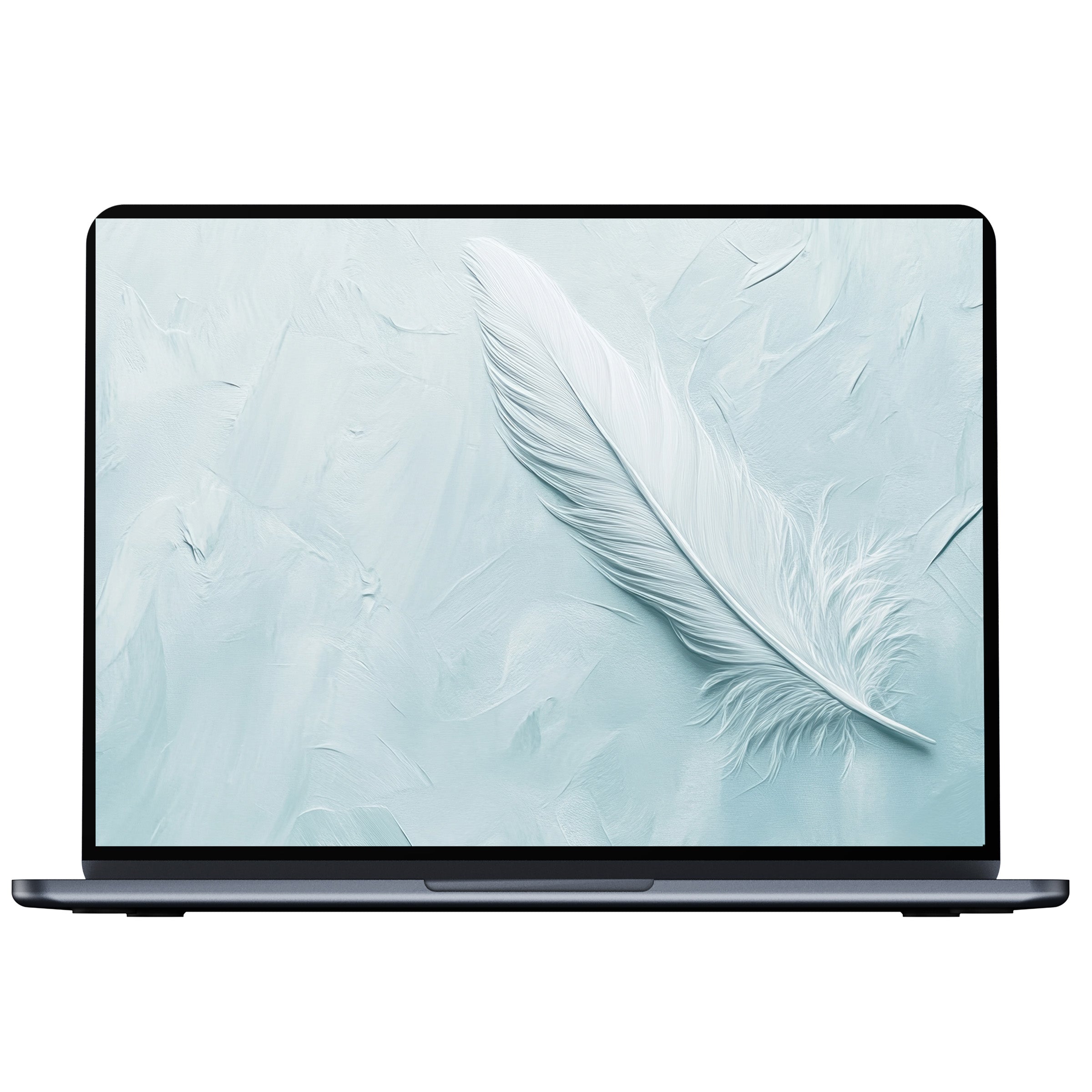 Elegant minimalist desktop wallpaper featuring a soft white feather on a textured mint background ideal for PC or laptop digital download