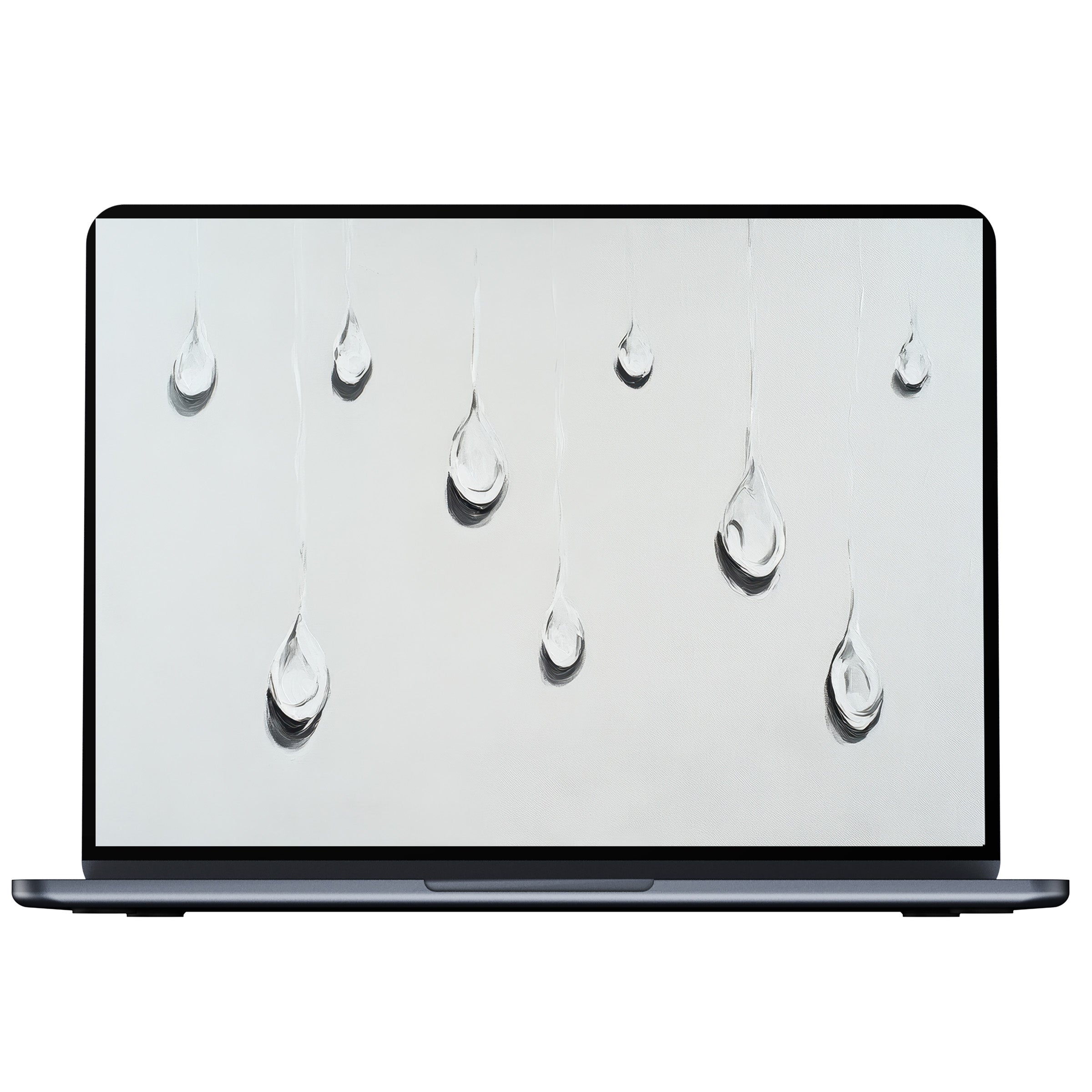 Minimalist desktop wallpaper featuring delicate raindrops on a soothing gray background digital download for PC, Laptop, Mac