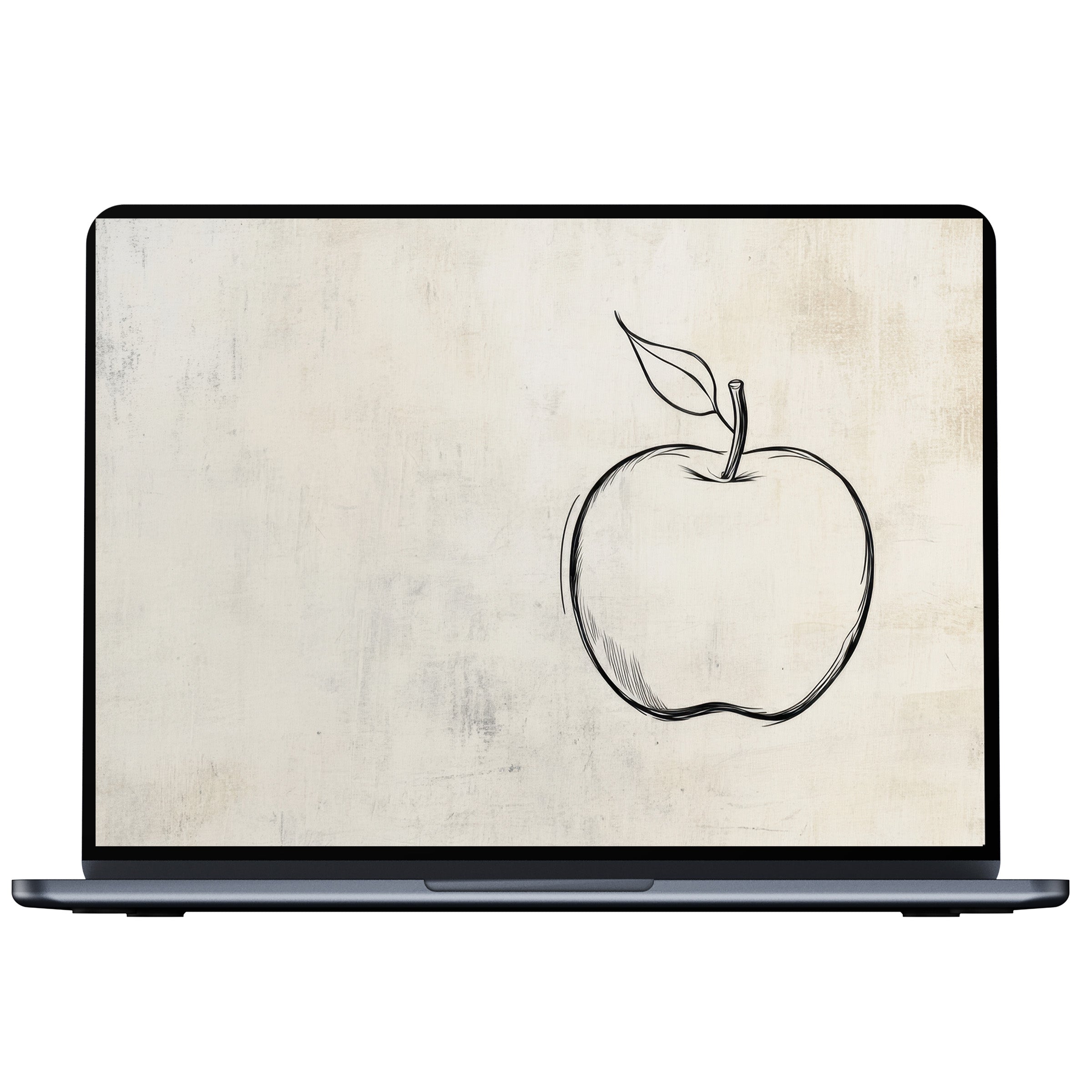 Minimalist desktop wallpaper featuring a sketched apple on textured beige background, perfect digital download for PC and laptop elegance