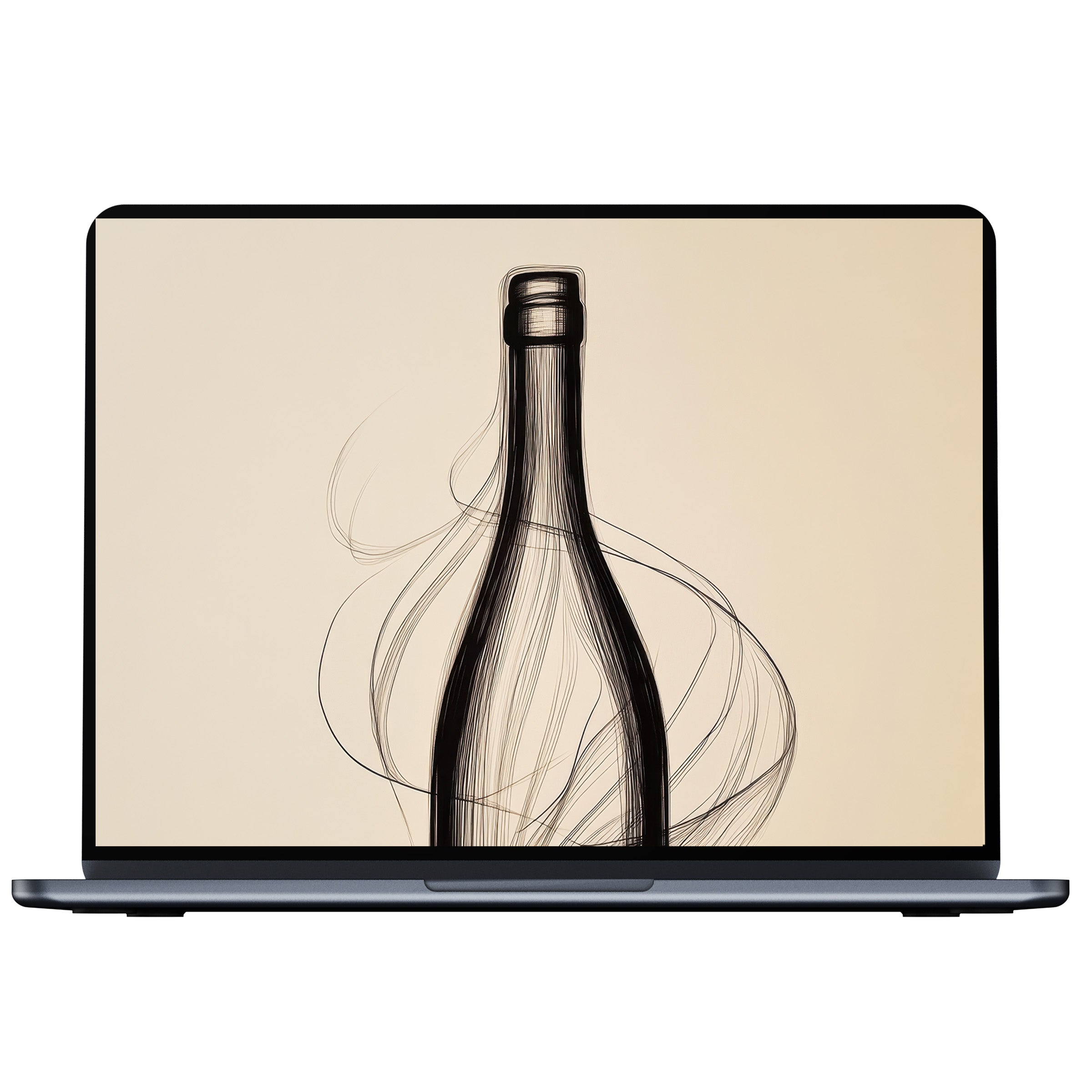 Elegant minimalist desktop wallpaper featuring a graceful, flowing black line art bottle on beige digital download for PC and laptop