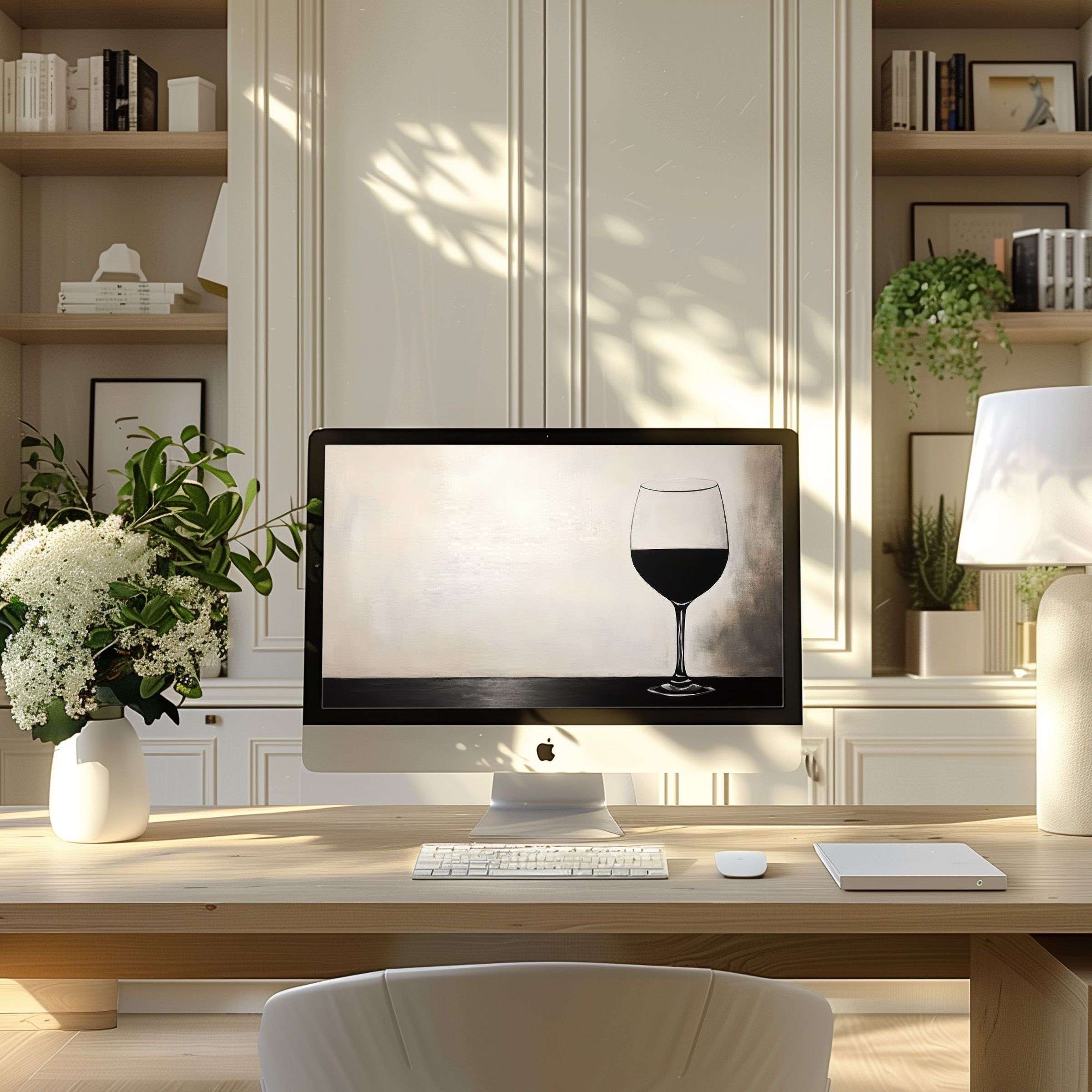 iMac on desk in modern home office displaying a minimalist wallpaper for Mac with a simple black wine glass on a neutral background, creating elegant and clean design vibes