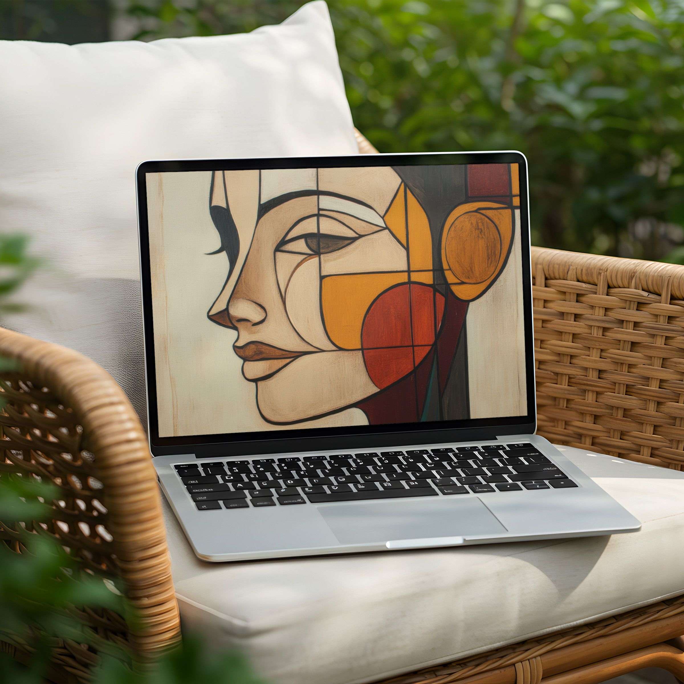 Elegant abstract face art in warm tones as a desktop background on a Laptop PC for instant download inspiring calm aesthetics