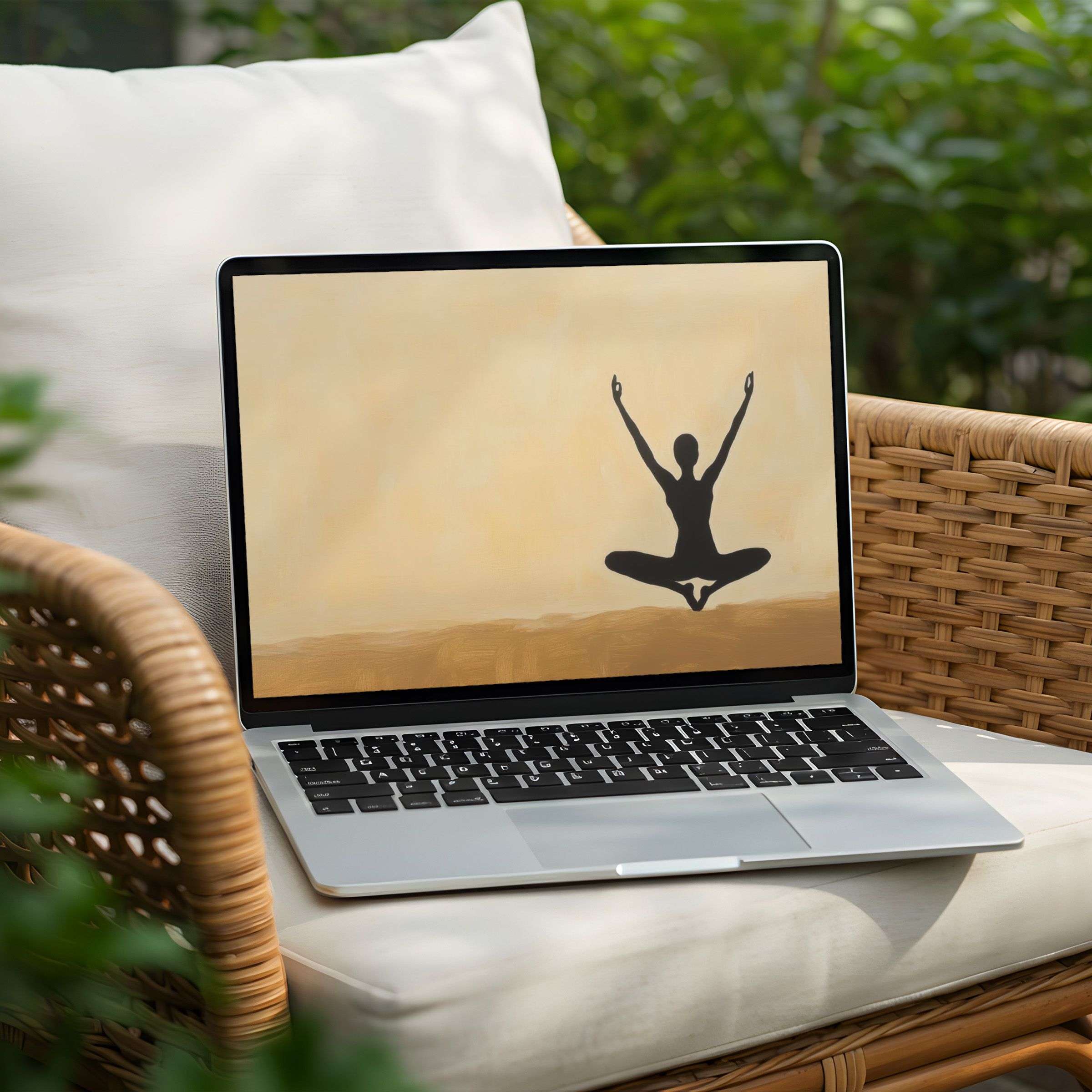 Elegant yoga silhouette desktop background for PC or Laptop offers calm inspiration through instant download with soothing earthy tones