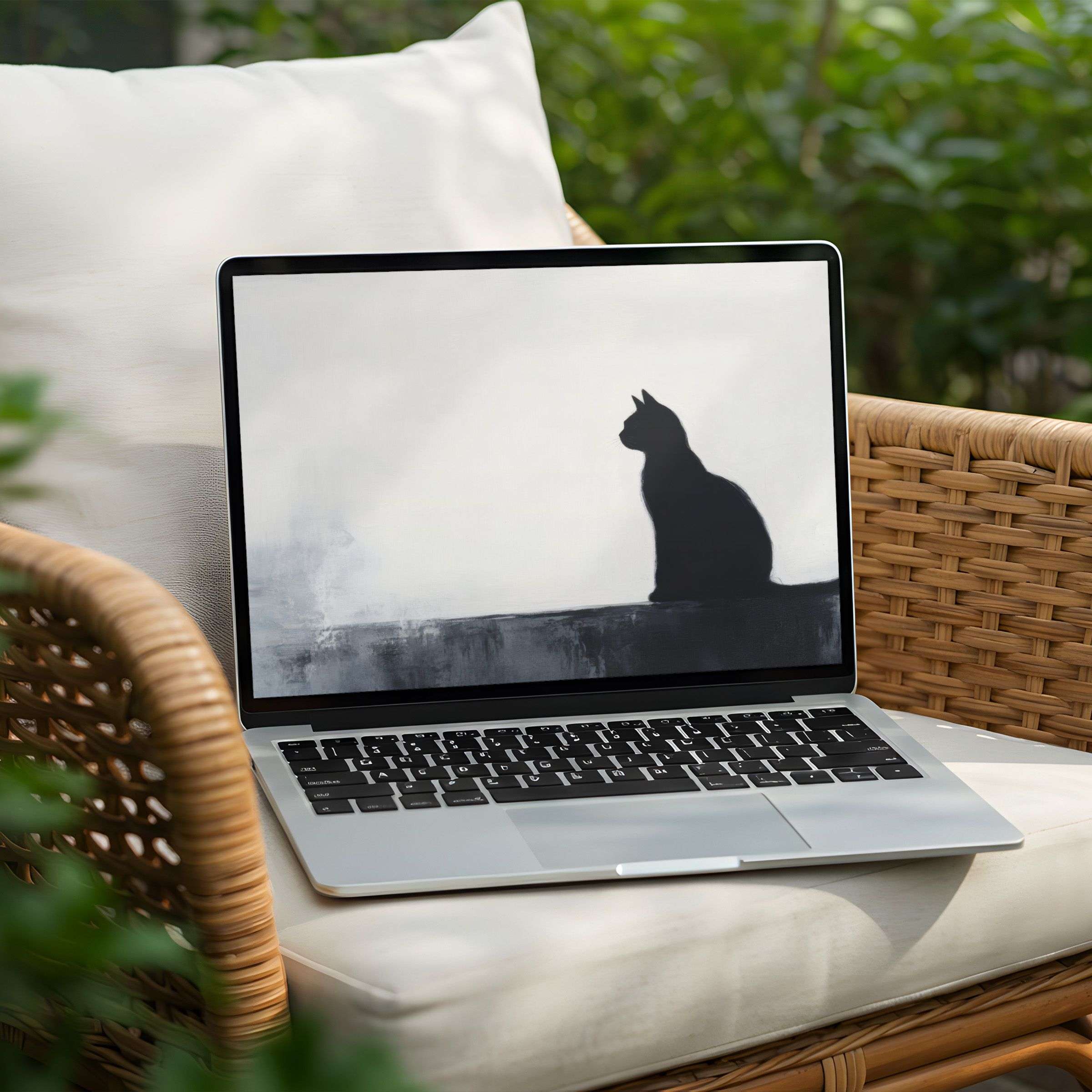 Elegant black cat silhouette creates a calming desktop background for PC or Laptop instant download inspiring mindfulness