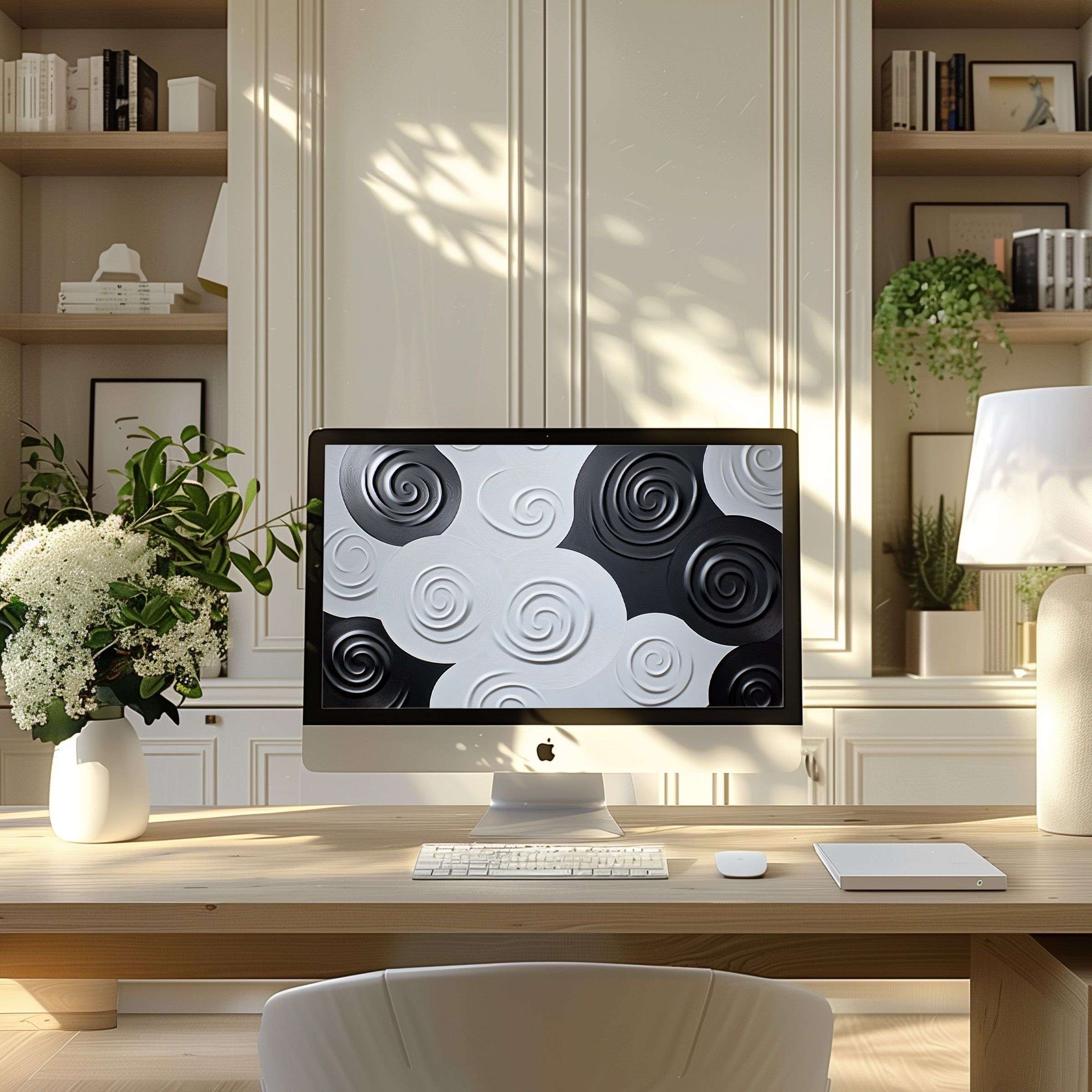 Elegant black and white spiral digital art as a wallpaper for computer inspires calm in a modern home office PC or Laptop setup