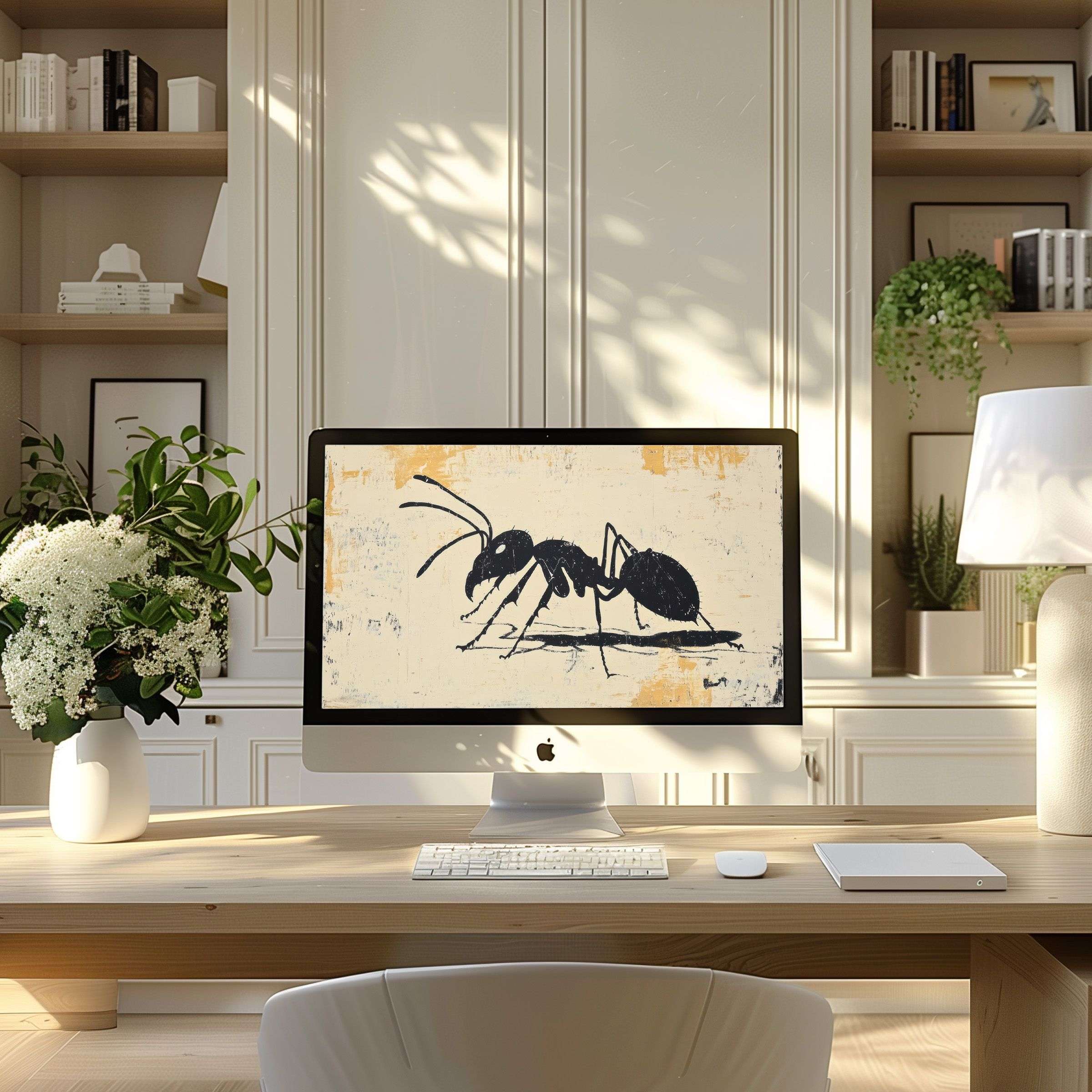 Elegant ant motif wallpaper for computer in a serene home office setting, perfect for PC and laptop digital download