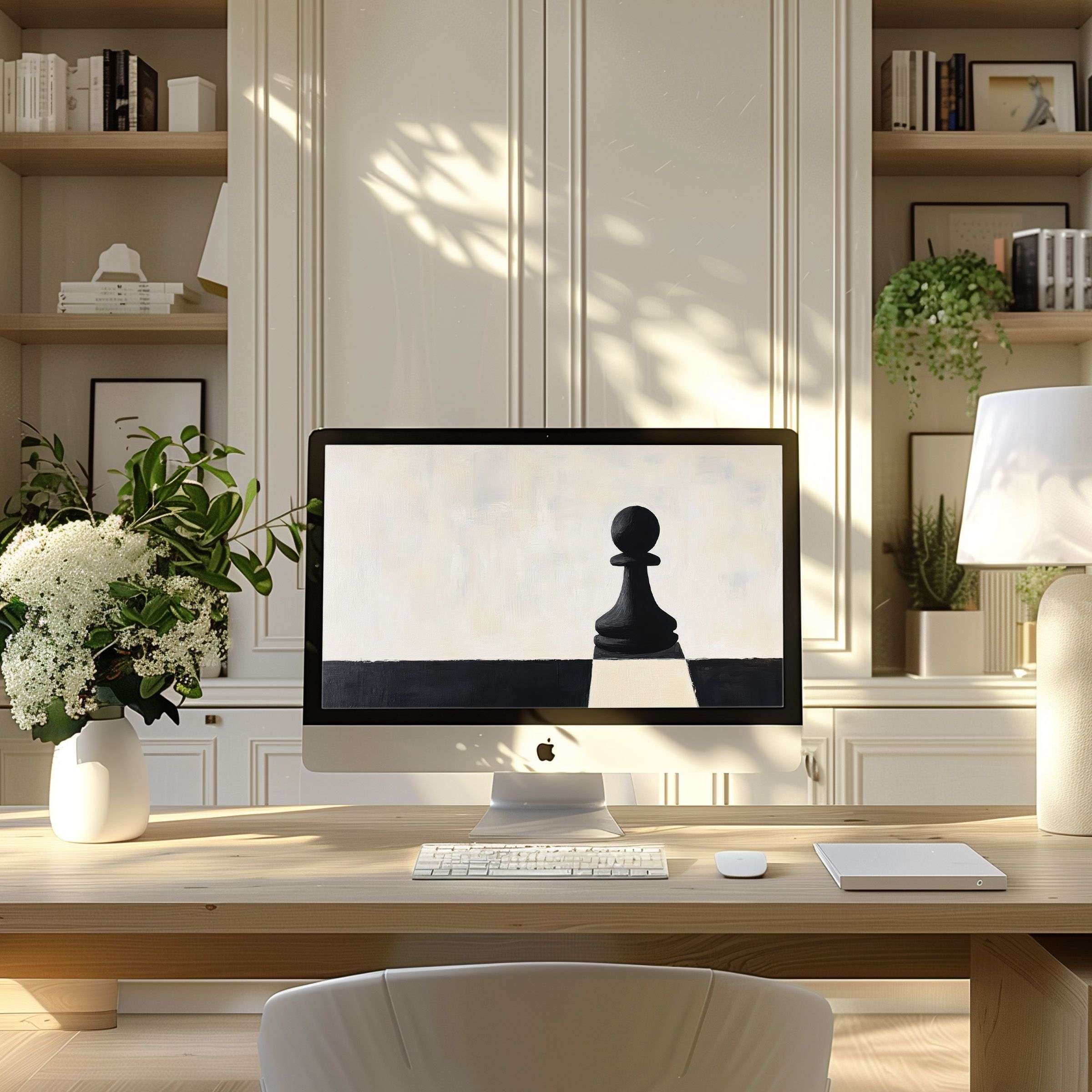 Elegant chess-themed wallpaper for computer brings calm and inspiration to your PC or laptop in a modern home office setting
