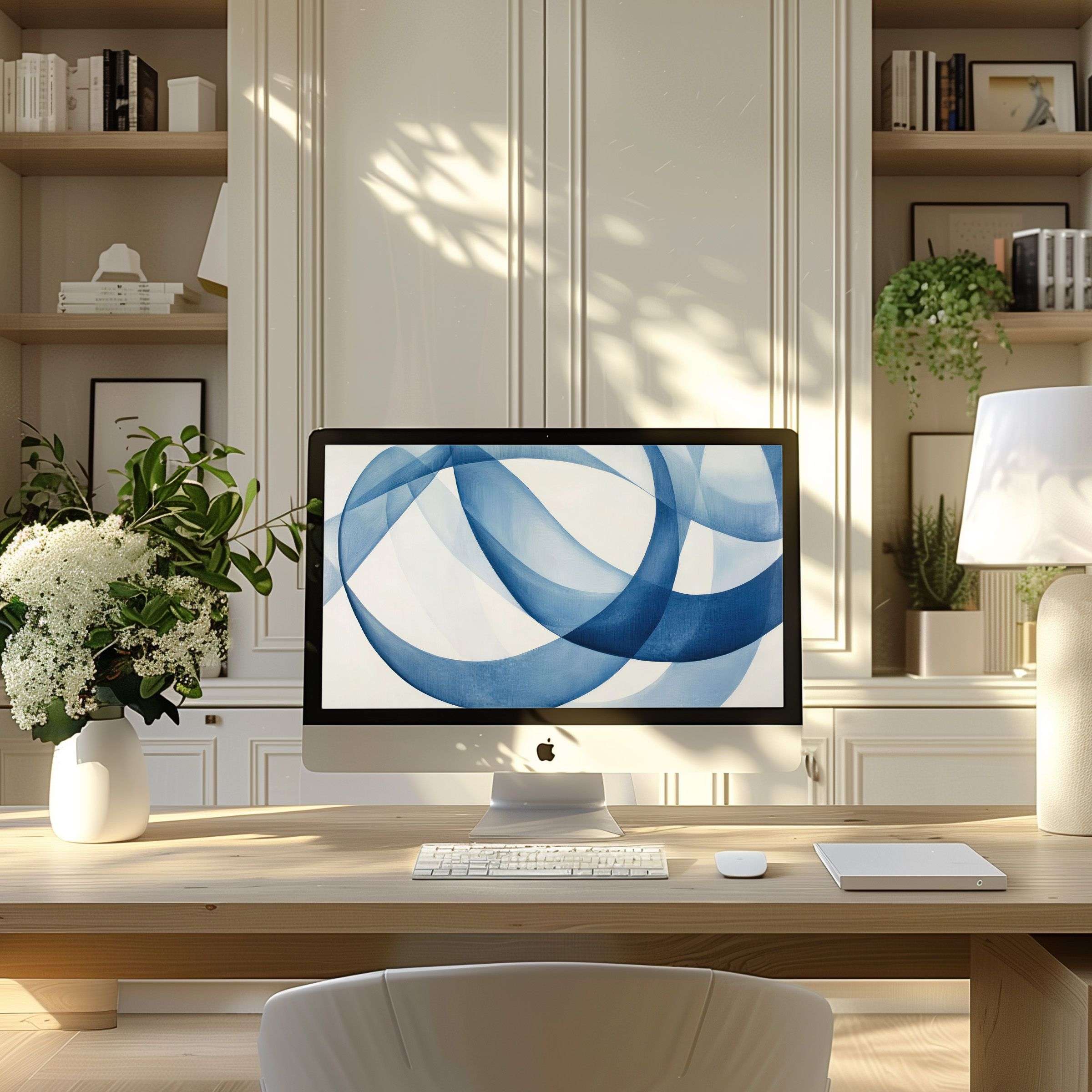 Elegant blue swirls on a wallpaper for computer inspire calm in a modern home office, perfect for PC and Laptop use