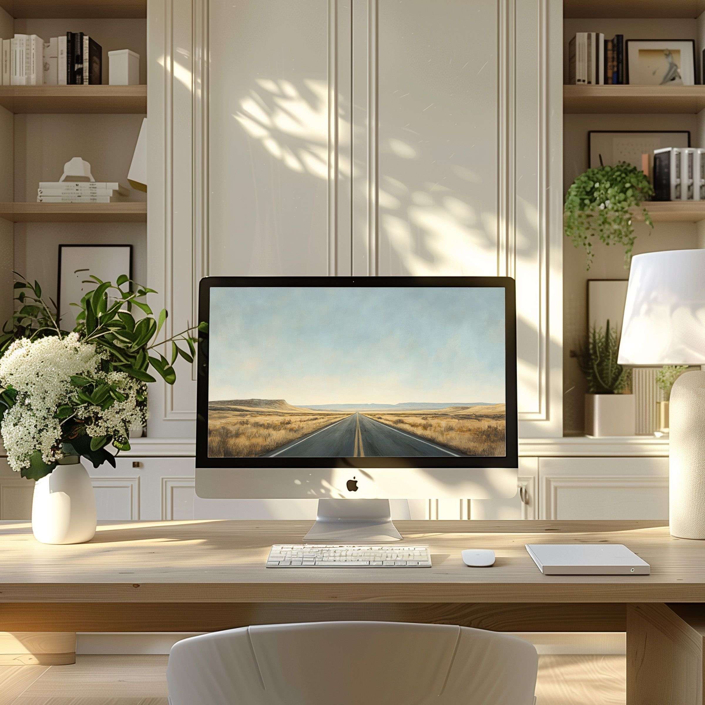Serene road art for wallpaper on PC and laptop in elegant home office inspires calm and fits any digital display
