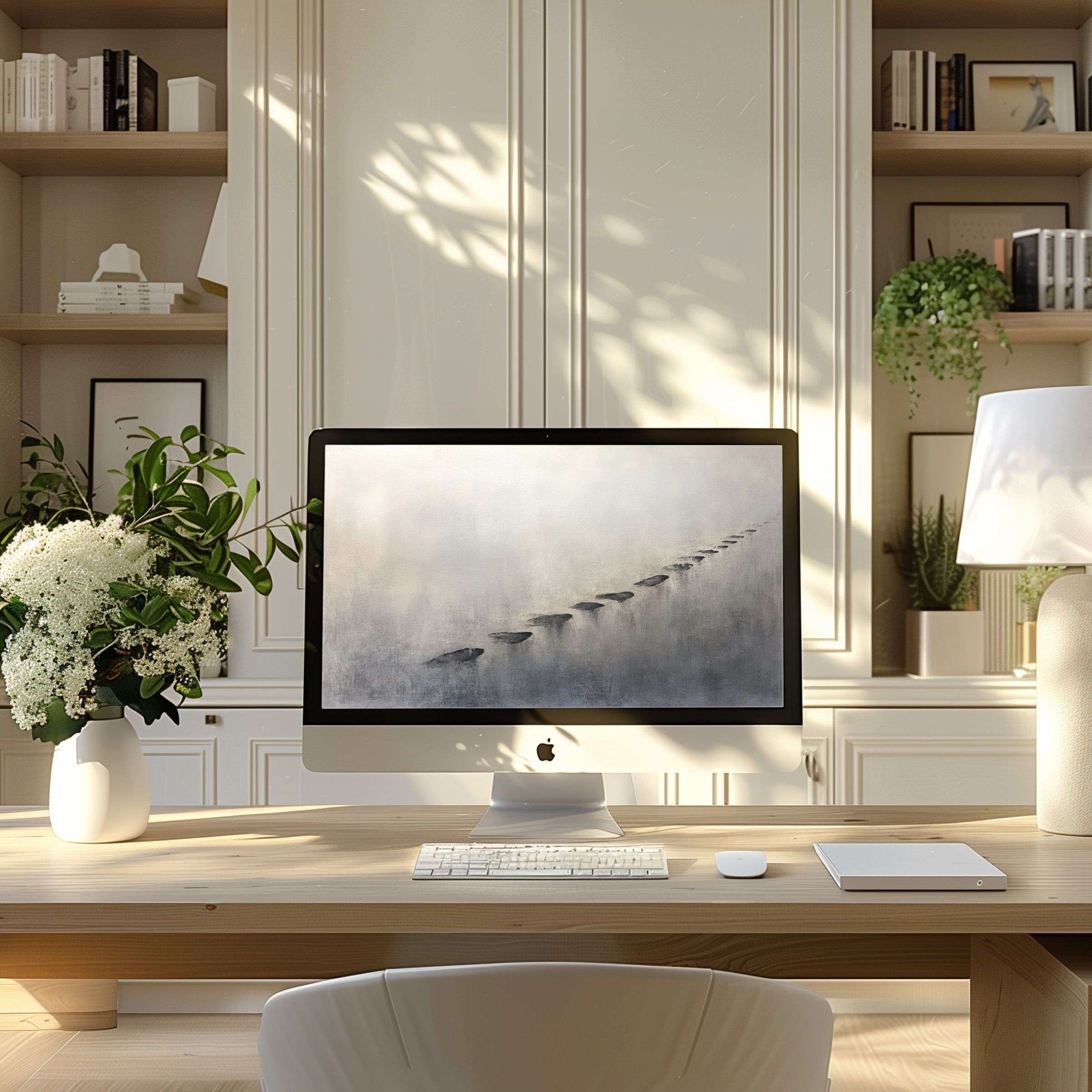 Elegant misty artwork creating a serene atmosphere on a PC and Laptop in a modern home office wallpaper for computer users