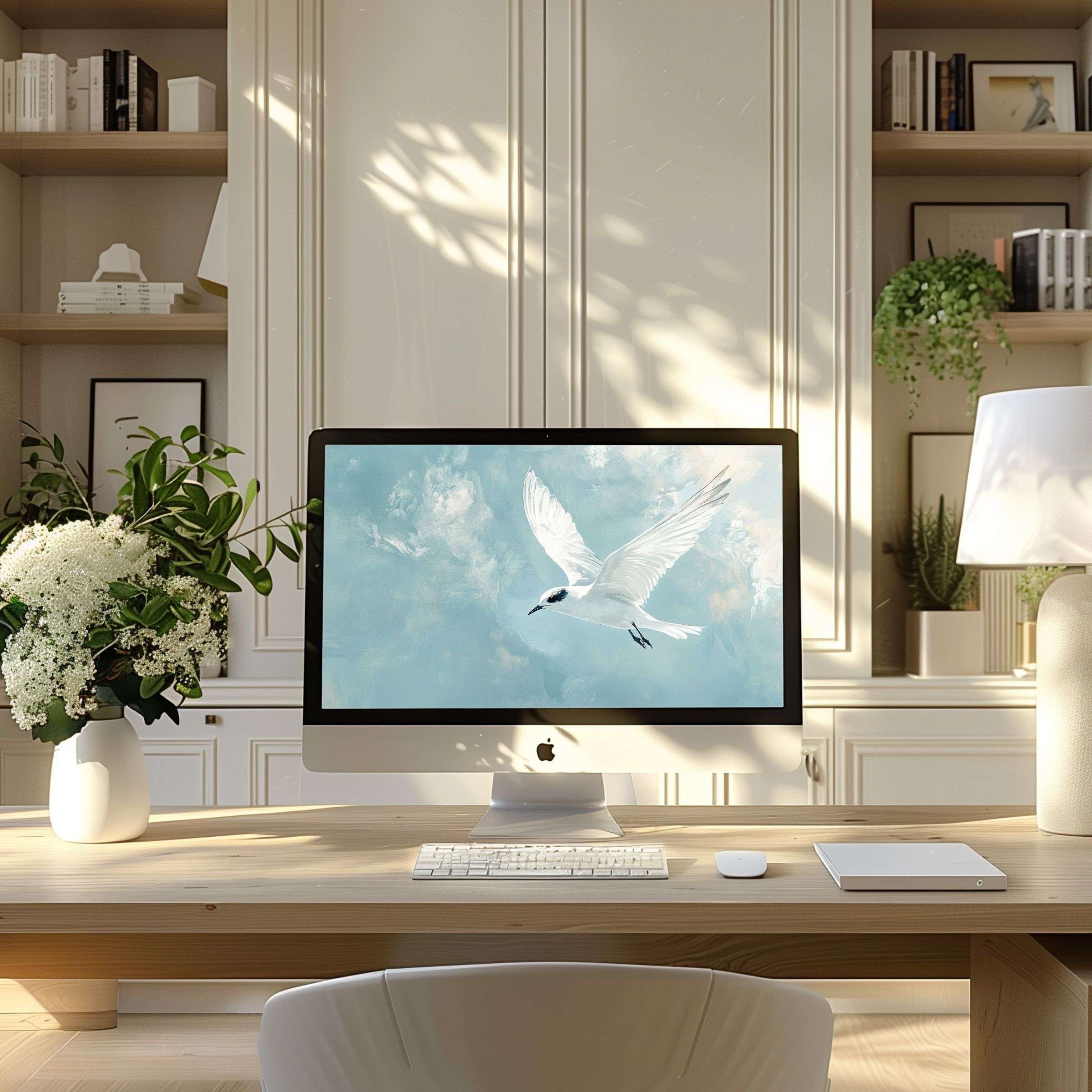 Serene bird-themed wallpaper for computer creates elegance, fits PC and laptop screens, perfect for a modern home office setting