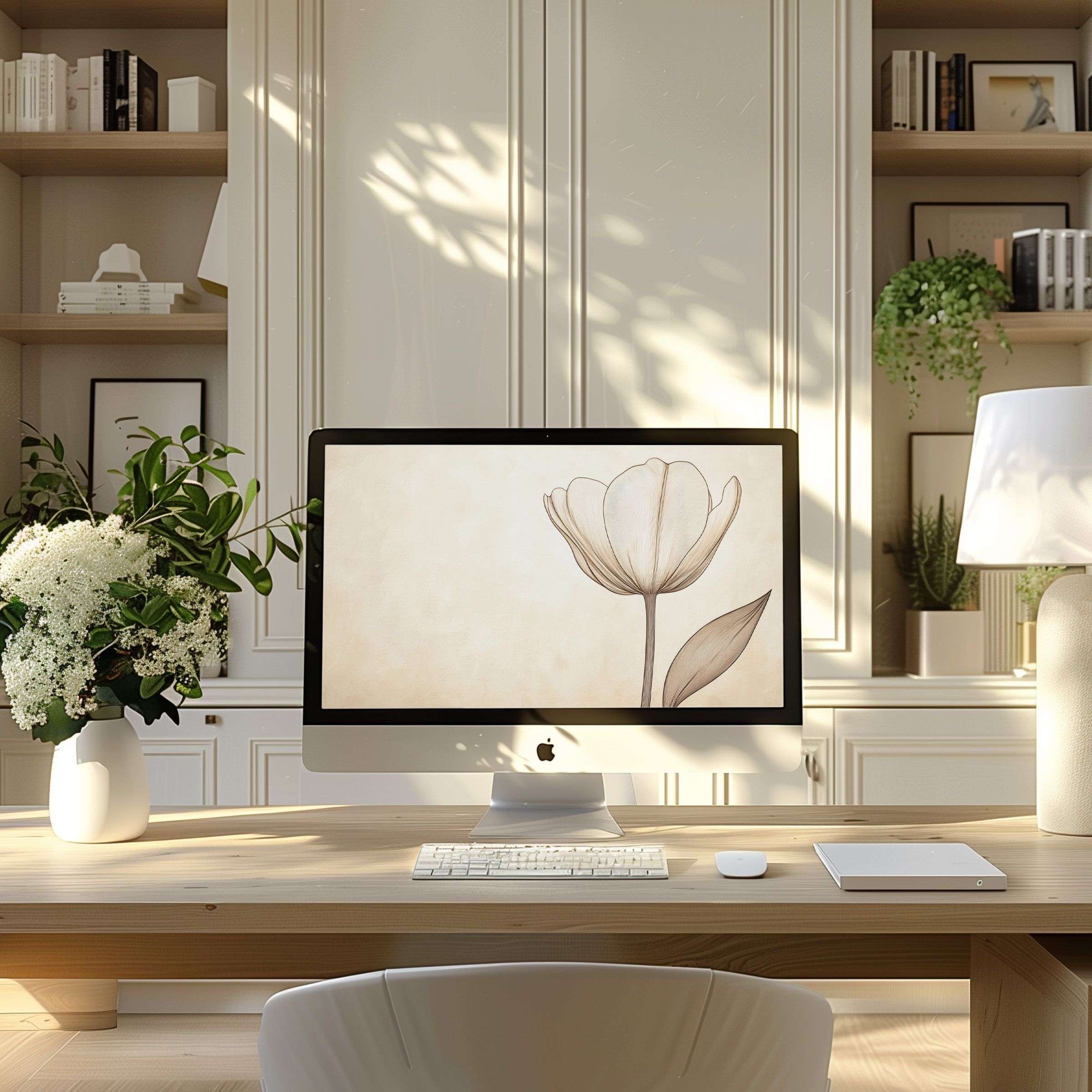 Elegant floral digital art wallpaper for computer offers calm and inspiring ambiance for PC or Laptop in modern home office