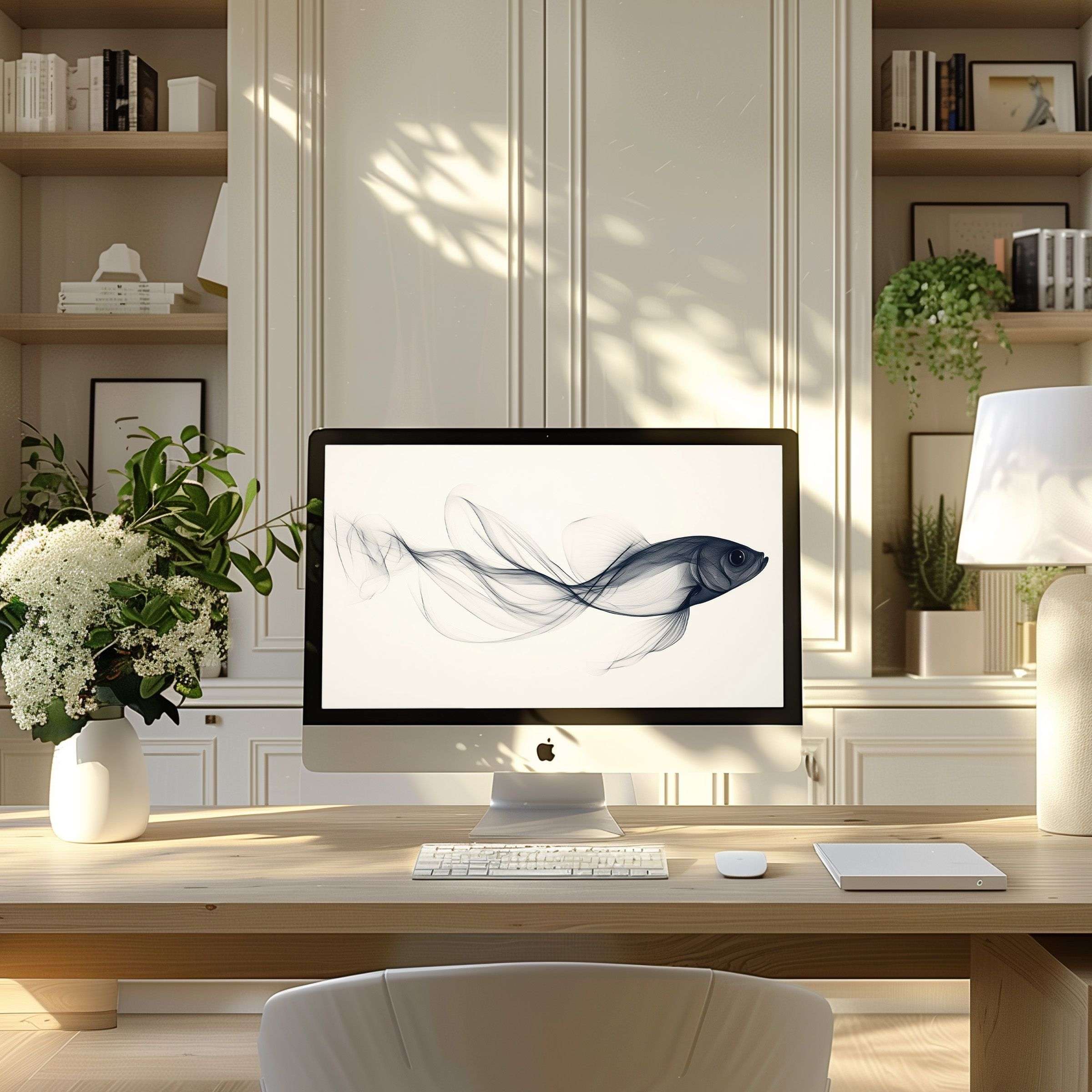 Elegant abstract fish motif wallpaper for computer on PC or laptop inspires calm and sophistication in modern home office settings