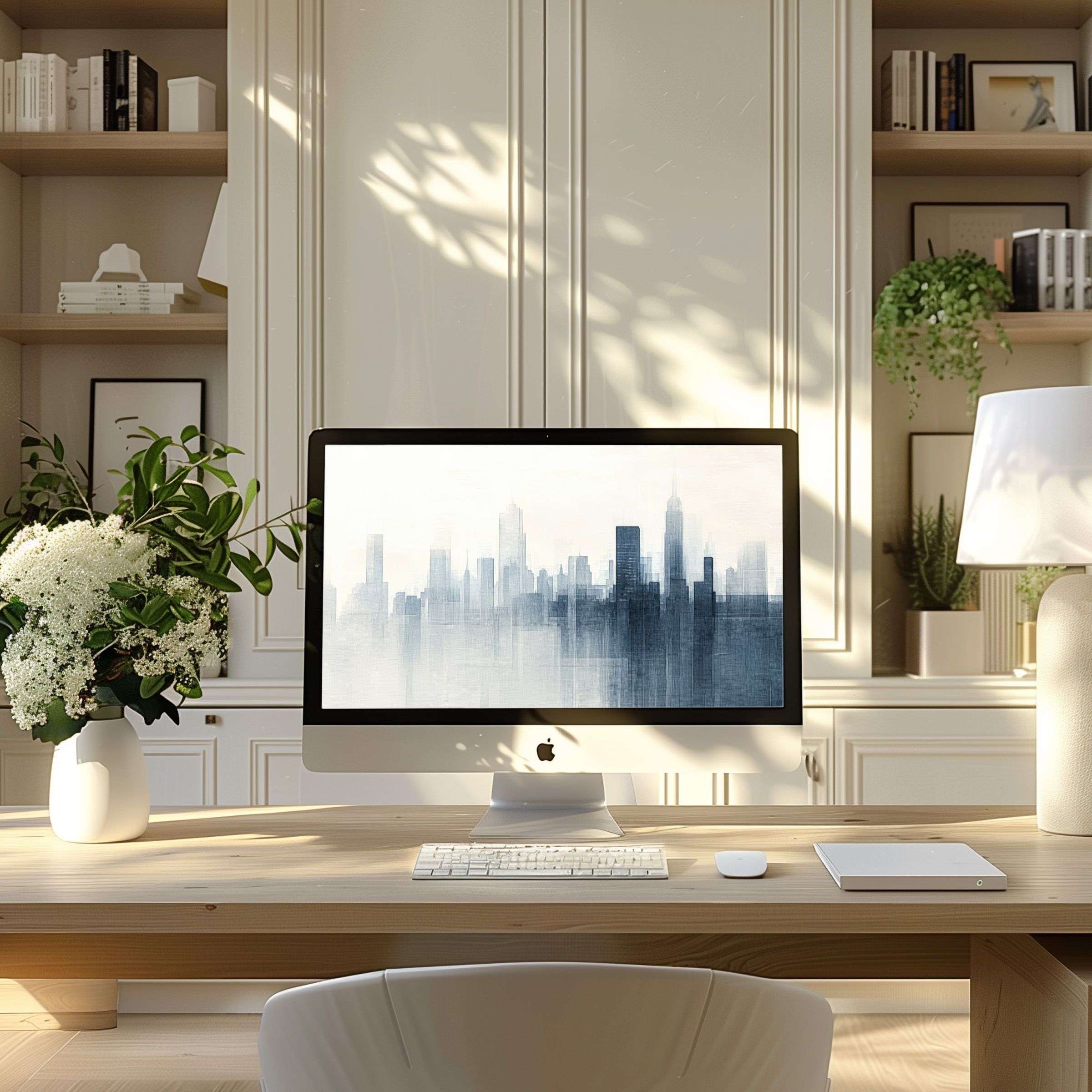Elegant cityscape wallpaper for computer creates inspiring calm in modern home office, ideal for PC and laptop digital download
