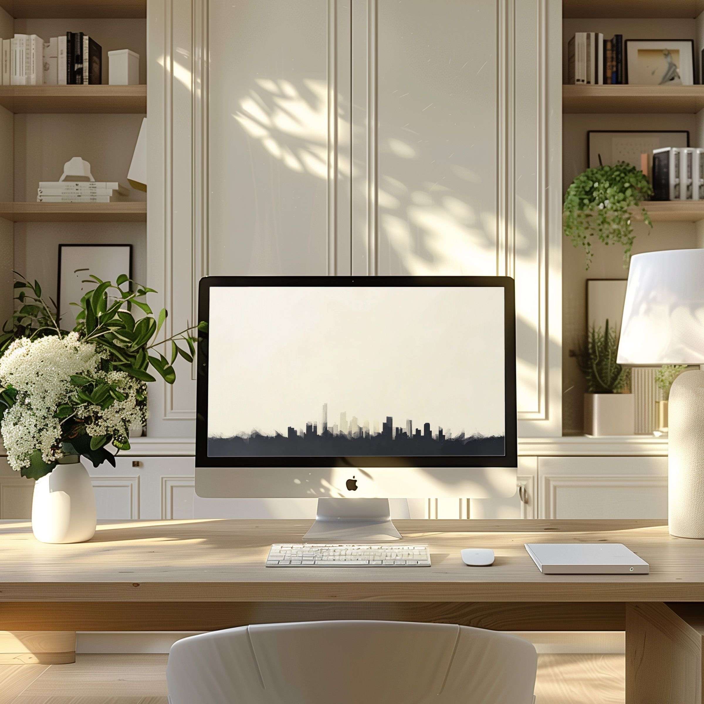 Elegant cityscape wallpaper for computer enhances modern home office decor, offering calm and inspiration for PC, laptop, ultrawide users