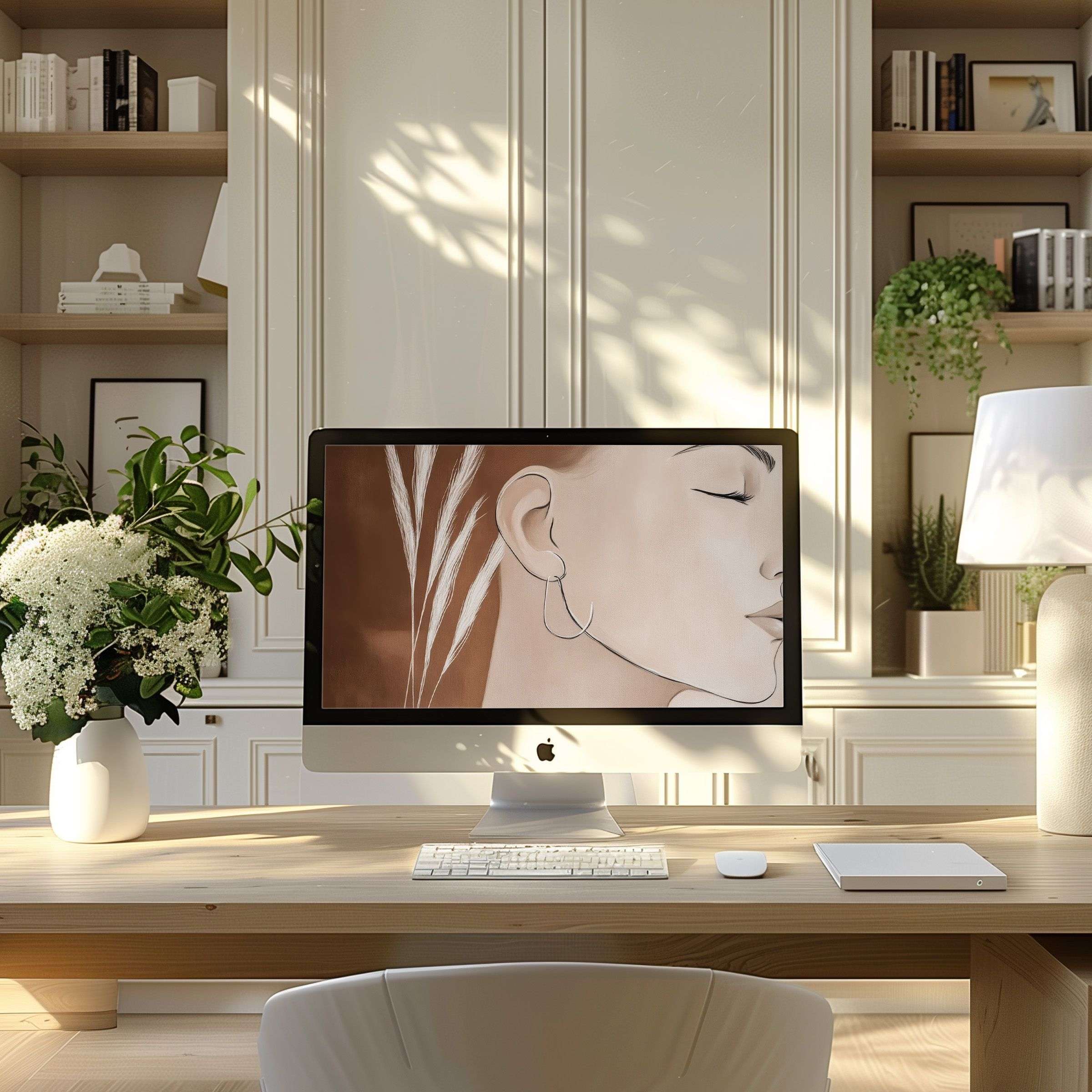 Calm and elegant digital art wallpaper for computer showcasing serene face silhouette, ideal for PC and laptop usage in modern home office