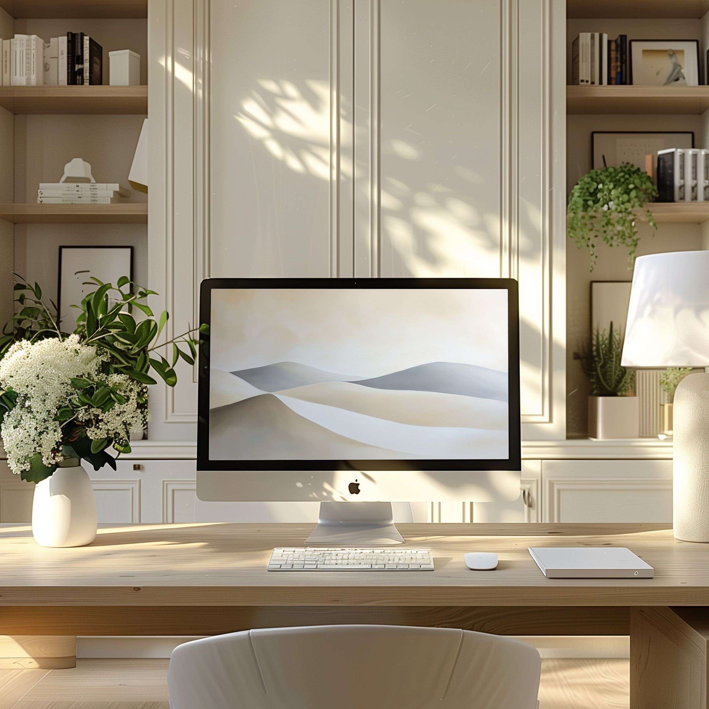 Elegant neutral-toned abstract art as a calming wallpaper for computer in modern home office; fits PC, laptop, ultrawide screens