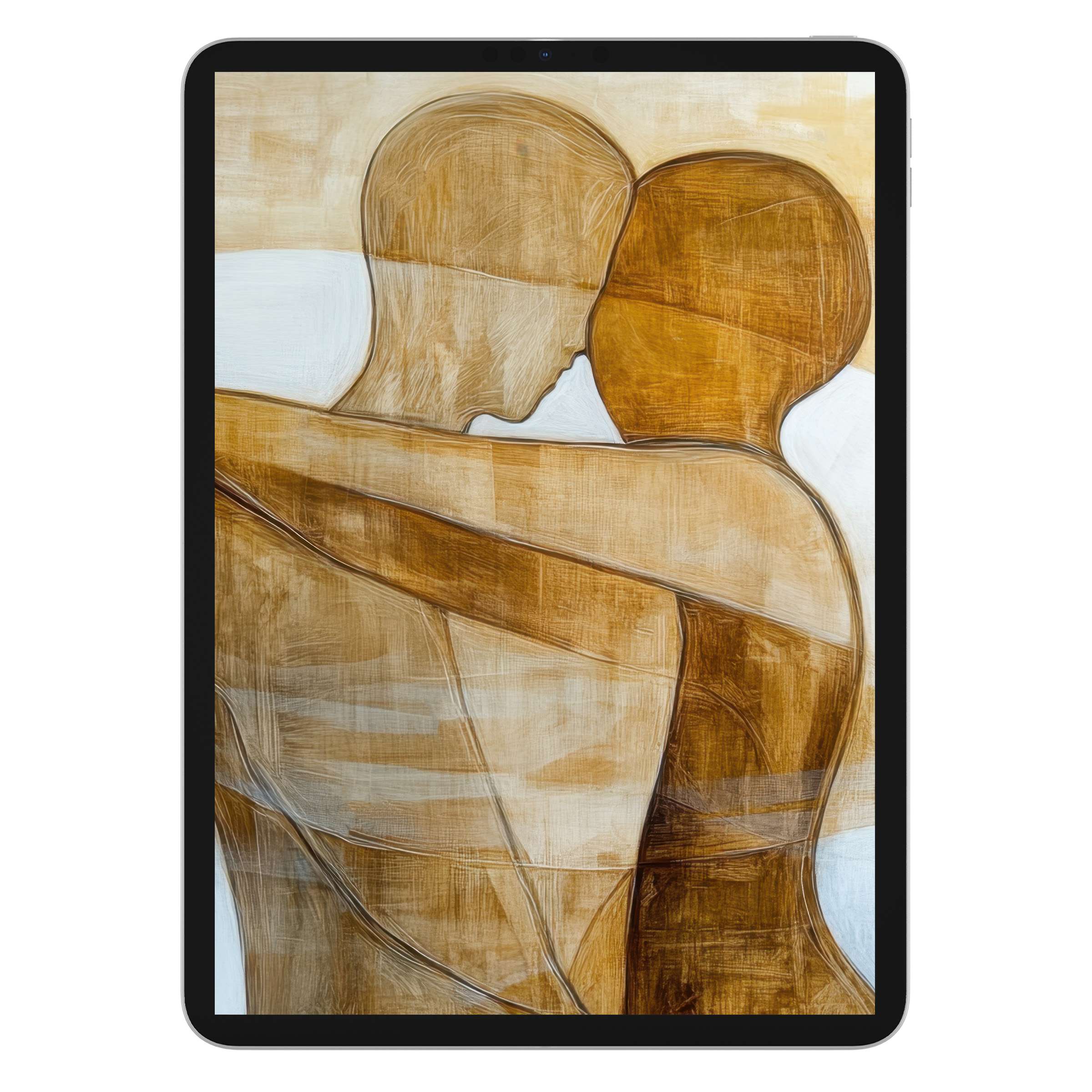 Minimalist iPad wallpaper featuring abstract embracing figures in earthy tones conveys warmth and calm, perfect digital download for elegant tablet background