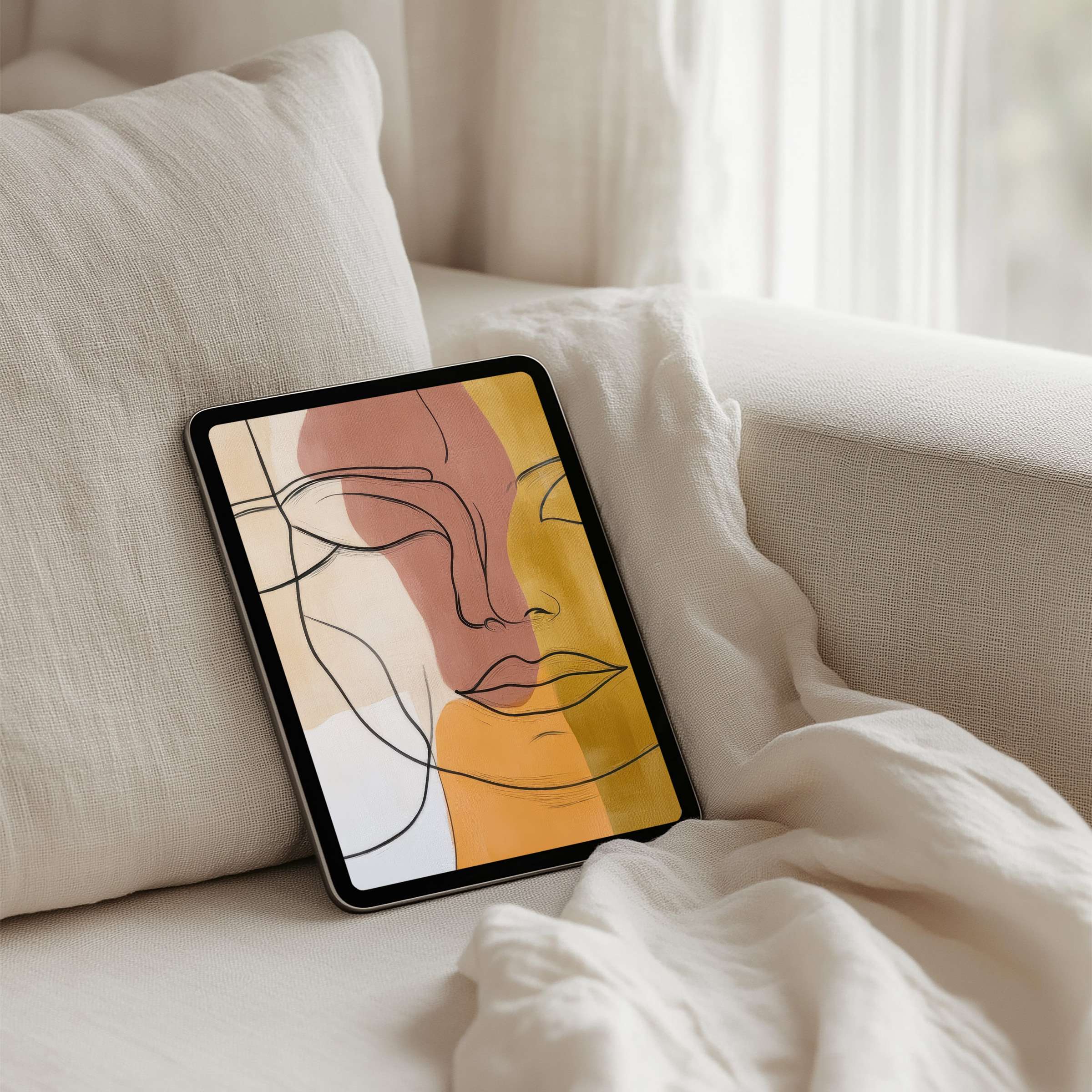 Elegant abstract face art iPad background evokes calm and mindfulness, perfect for instant download on any tablet for daily inspiration