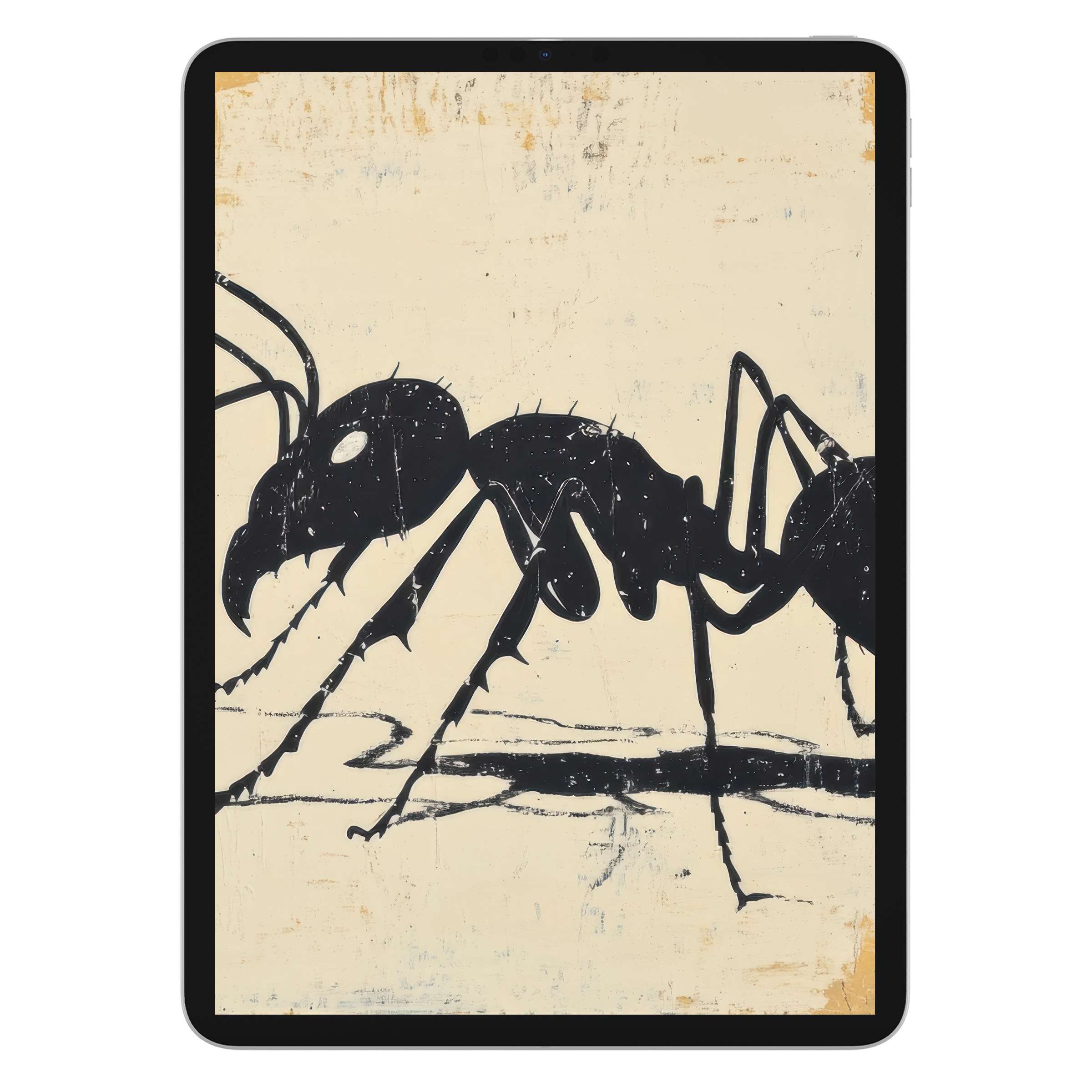 Elegant minimalist iPad wallpaper featuring a black ant on a textured beige background, ideal digital download for tablets and calm design