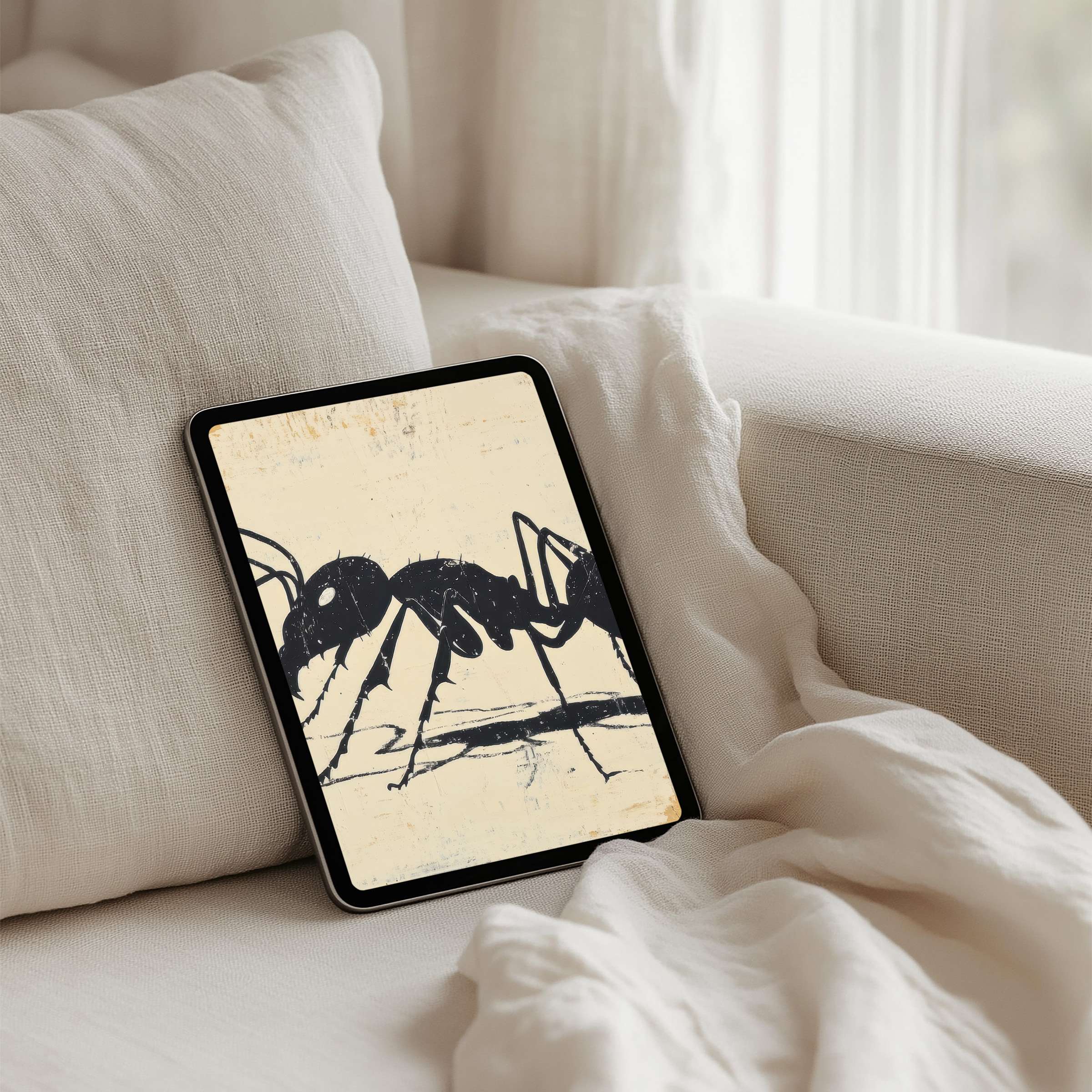 Elegant abstract ant design on an iPad background elevates tablet aesthetics with a soothing touch available for instant download
