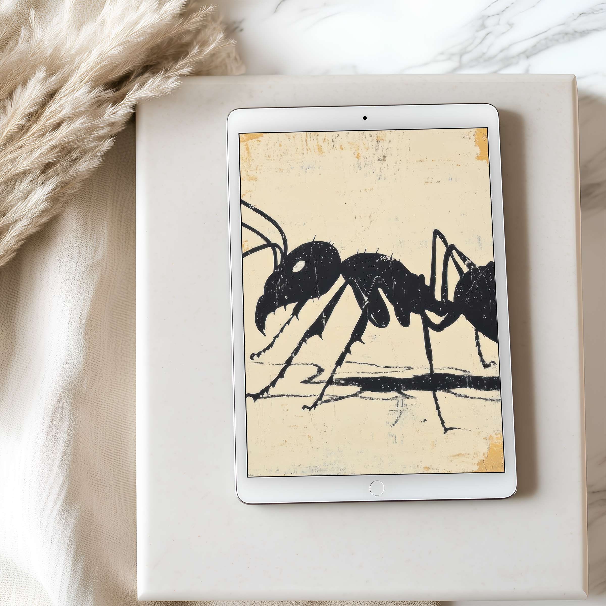 Elegant high resolution tablet wallpaper featuring a minimalist ant motif in neutral tones; ideal for iPad and digital download