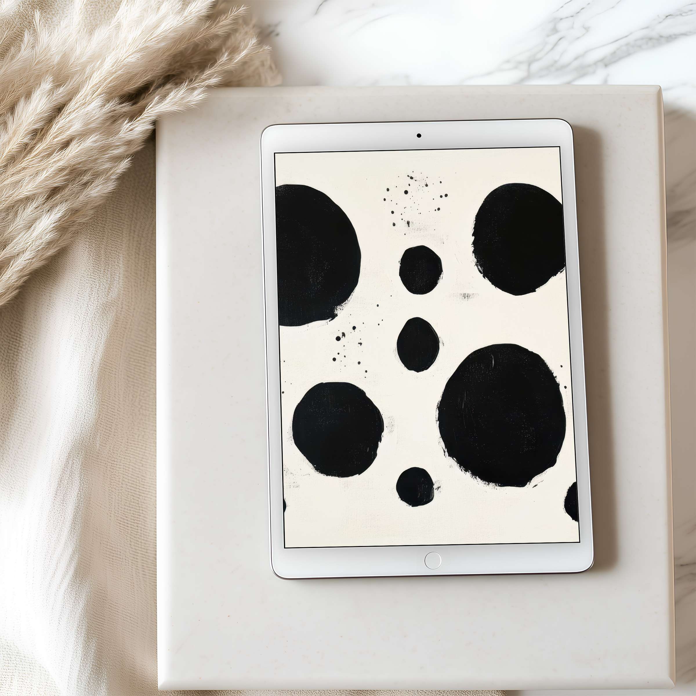 Modern abstract tablet wallpaper featuring bold black circles on a cream background enhances any iPad or Android tablet in high resolution