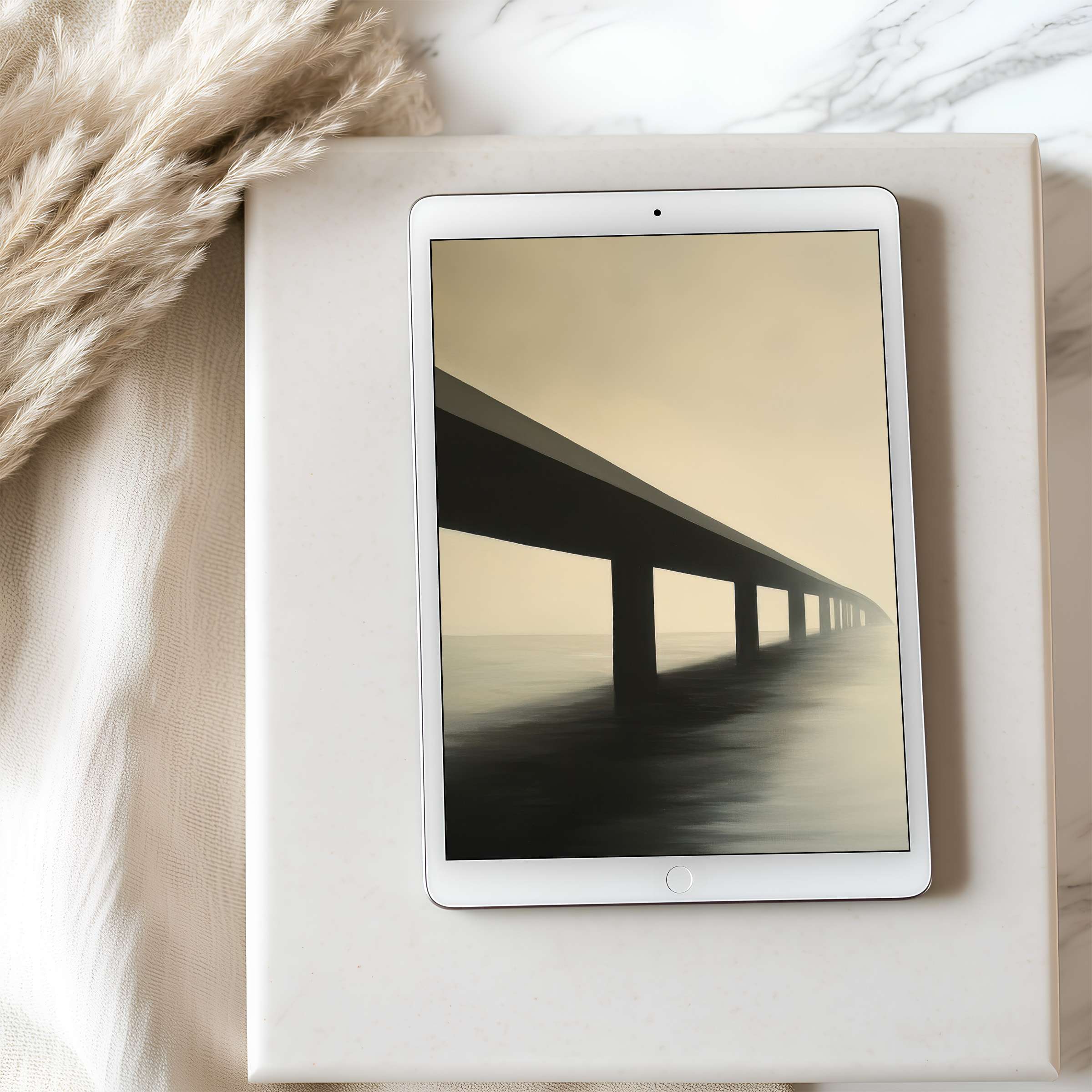 Serene tablet wallpaper featuring a minimalist bridge over water in neutral tones, ideal for iPad or Android, high resolution download