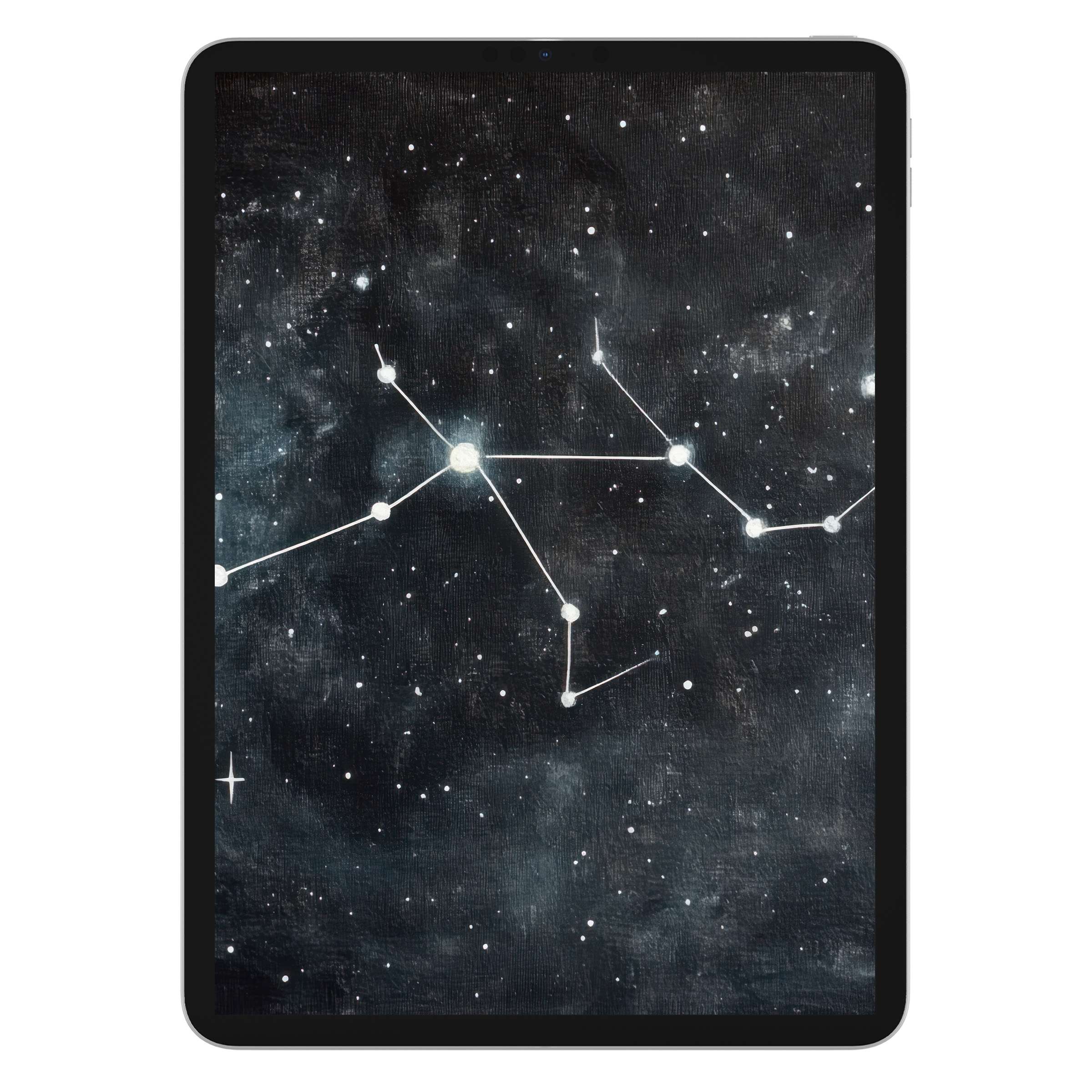 Minimalist iPad wallpaper features a dreamy constellation on a dark starry sky background, perfect digital download for any tablet user