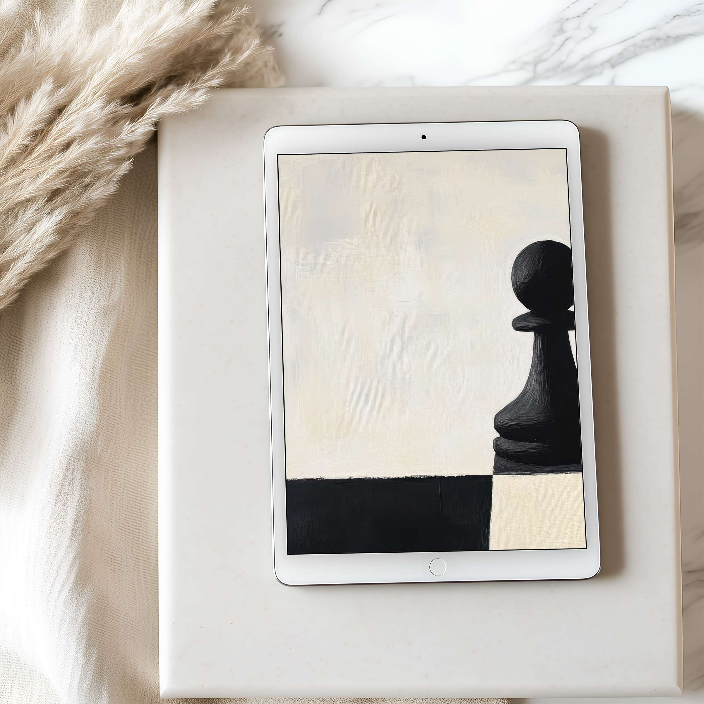 Elegant abstract black and white chess piece motif tablet wallpaper fits iPad and Android tablets digital download available