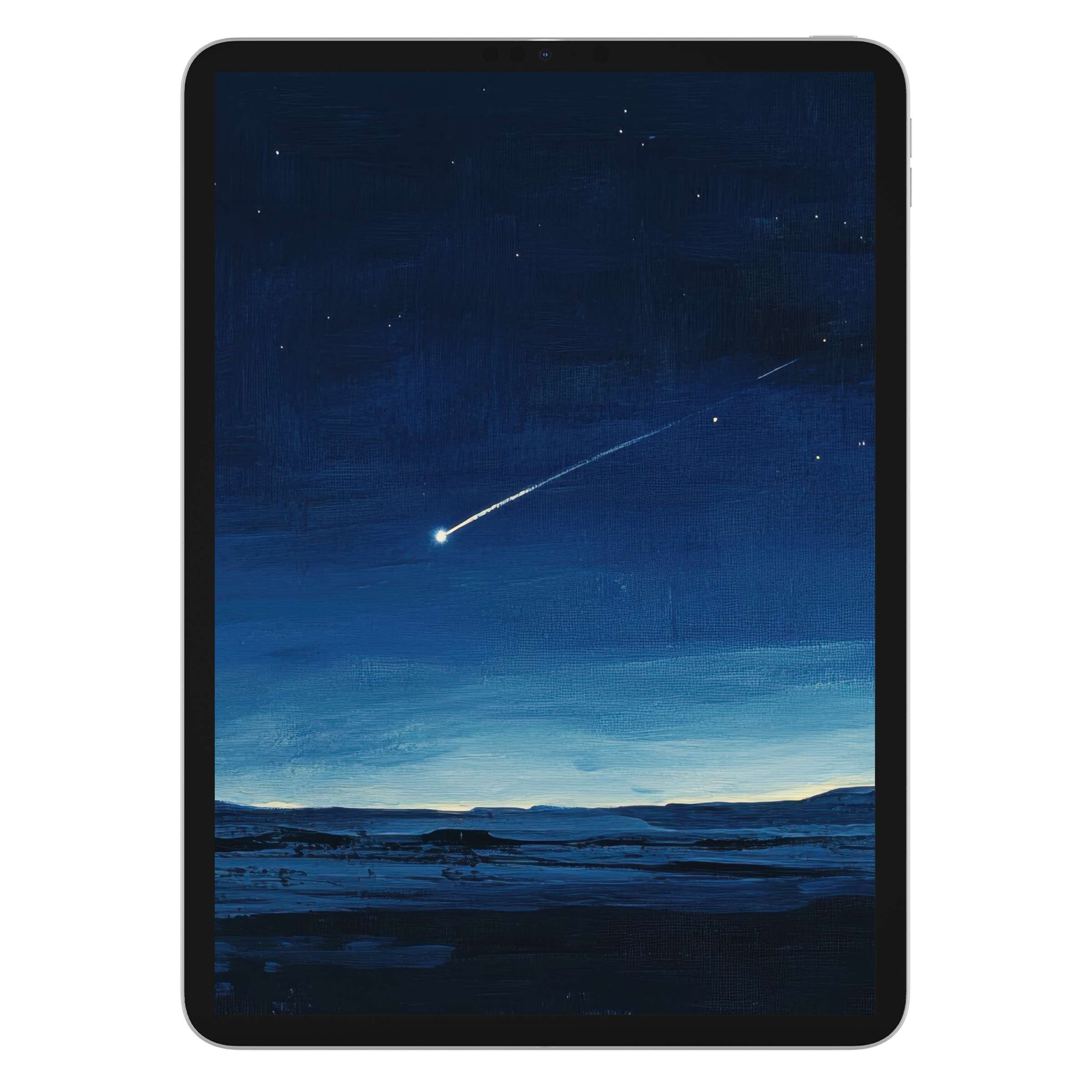 Minimalist iPad wallpaper featuring a serene night sky with shooting star, perfect tablet background for a calming digital download experience