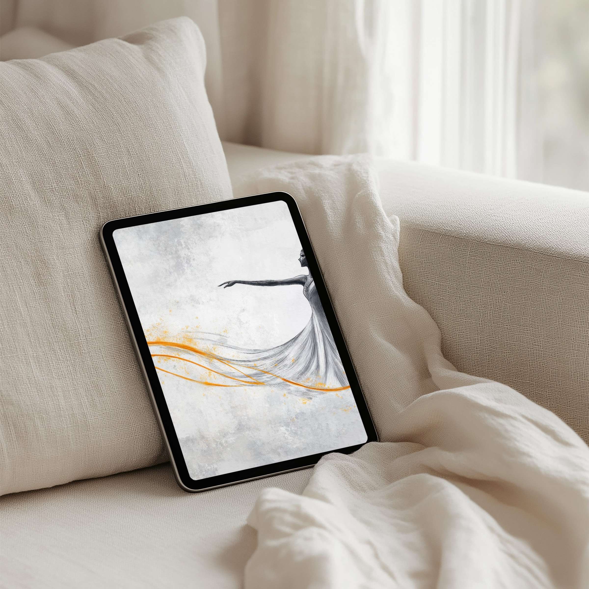 Elegant iPad background art with graceful dancer in soft gray and orange hues for tablet instant download inspires calm and style