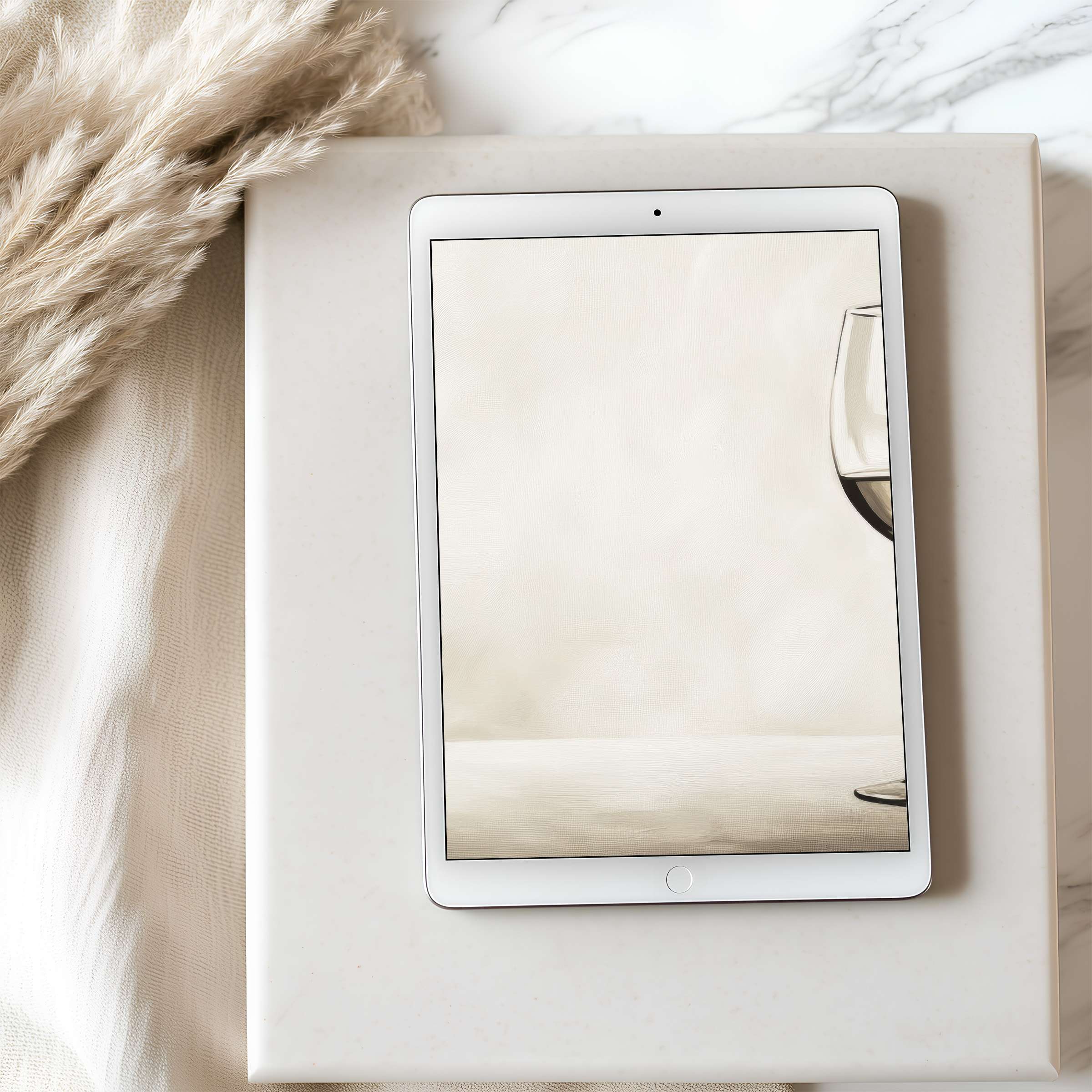 Elegant minimalist tablet wallpaper featuring a soft beige abstract with wine glass motif perfect for iPad high resolution digital download