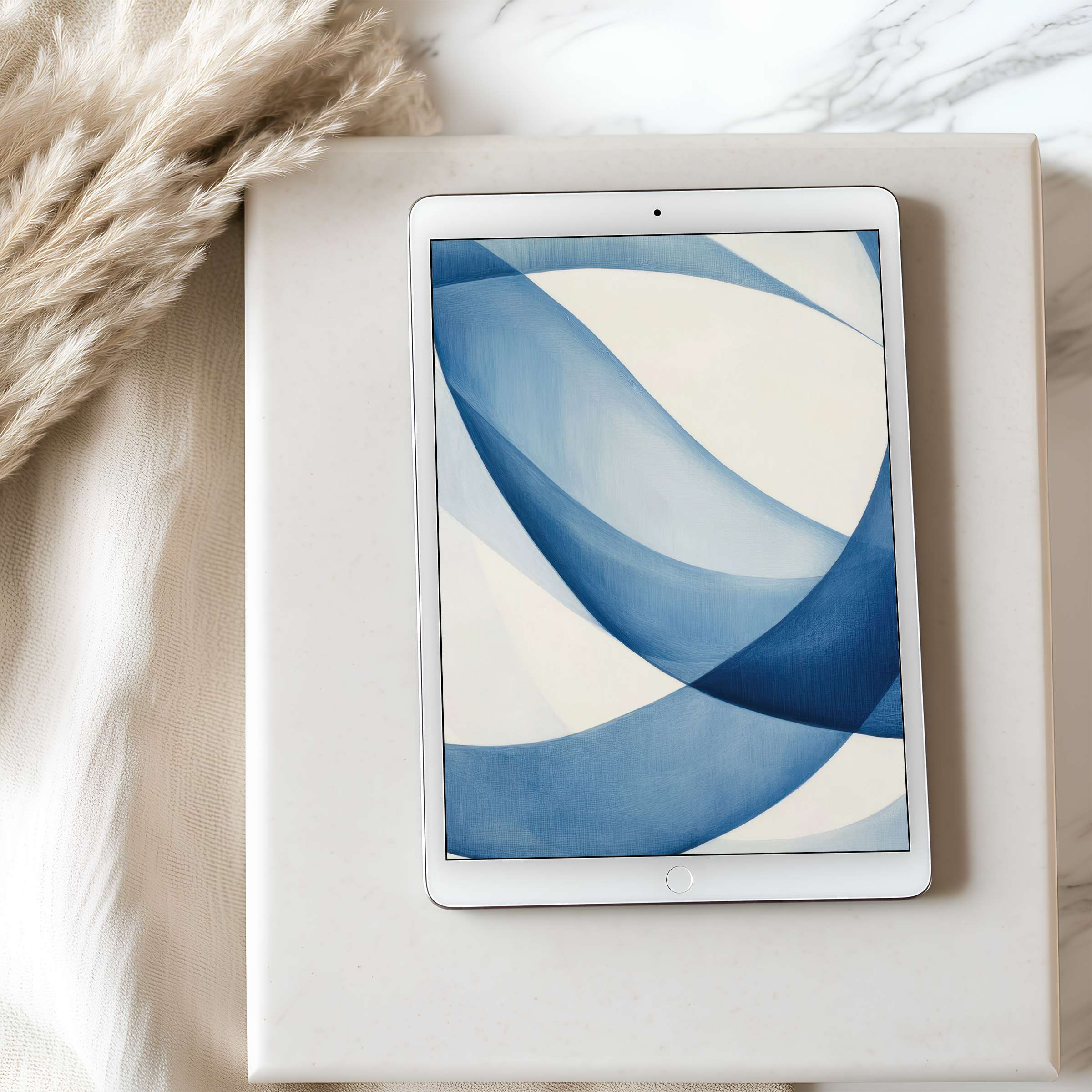 Elegant tablet wallpaper featuring blue abstract waves on a high-resolution iPad, perfect for tranquil digital downloads in serene interiors