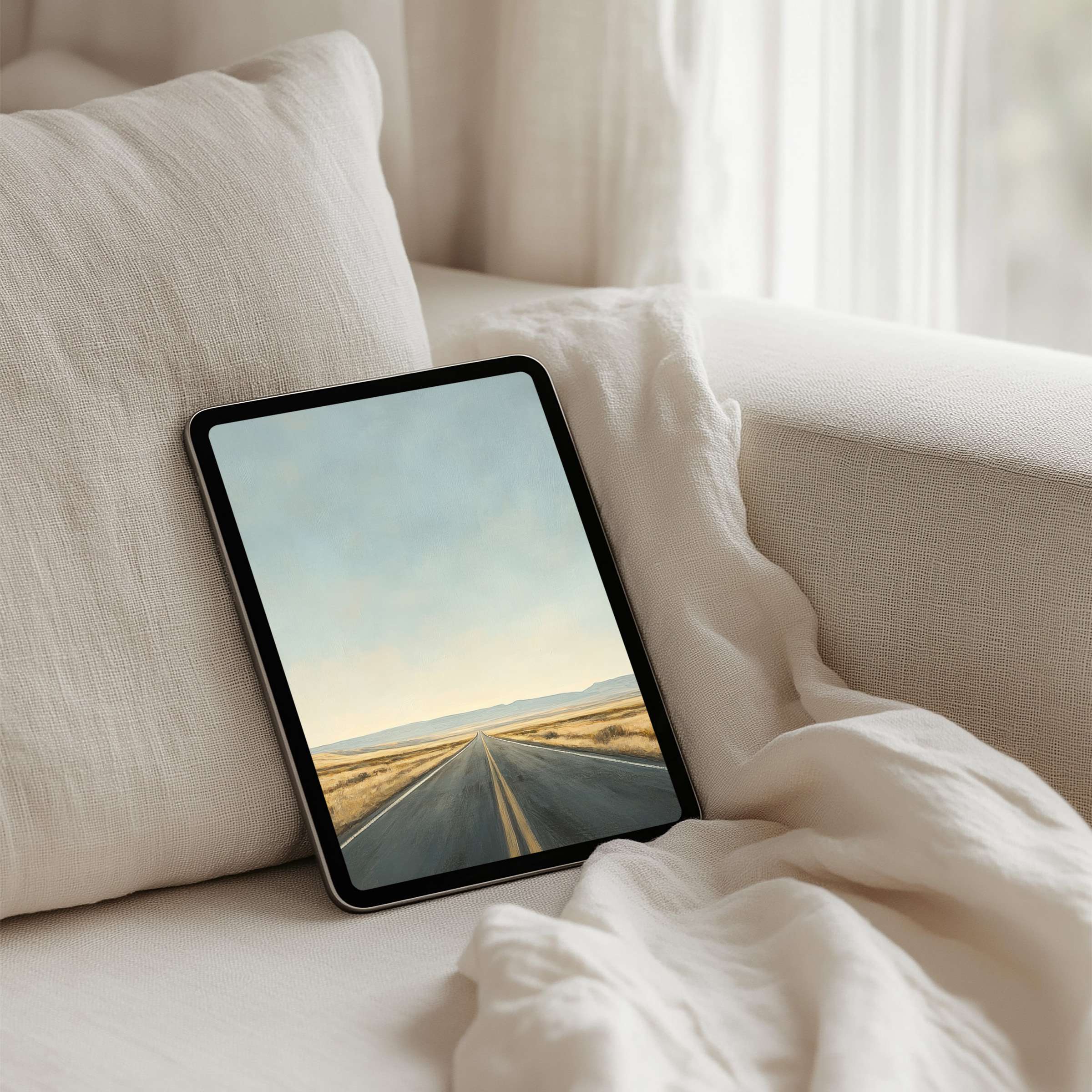 Serene roadscape iPad background brings calm and inspiration to your tablet instant download for elegant and mindful living