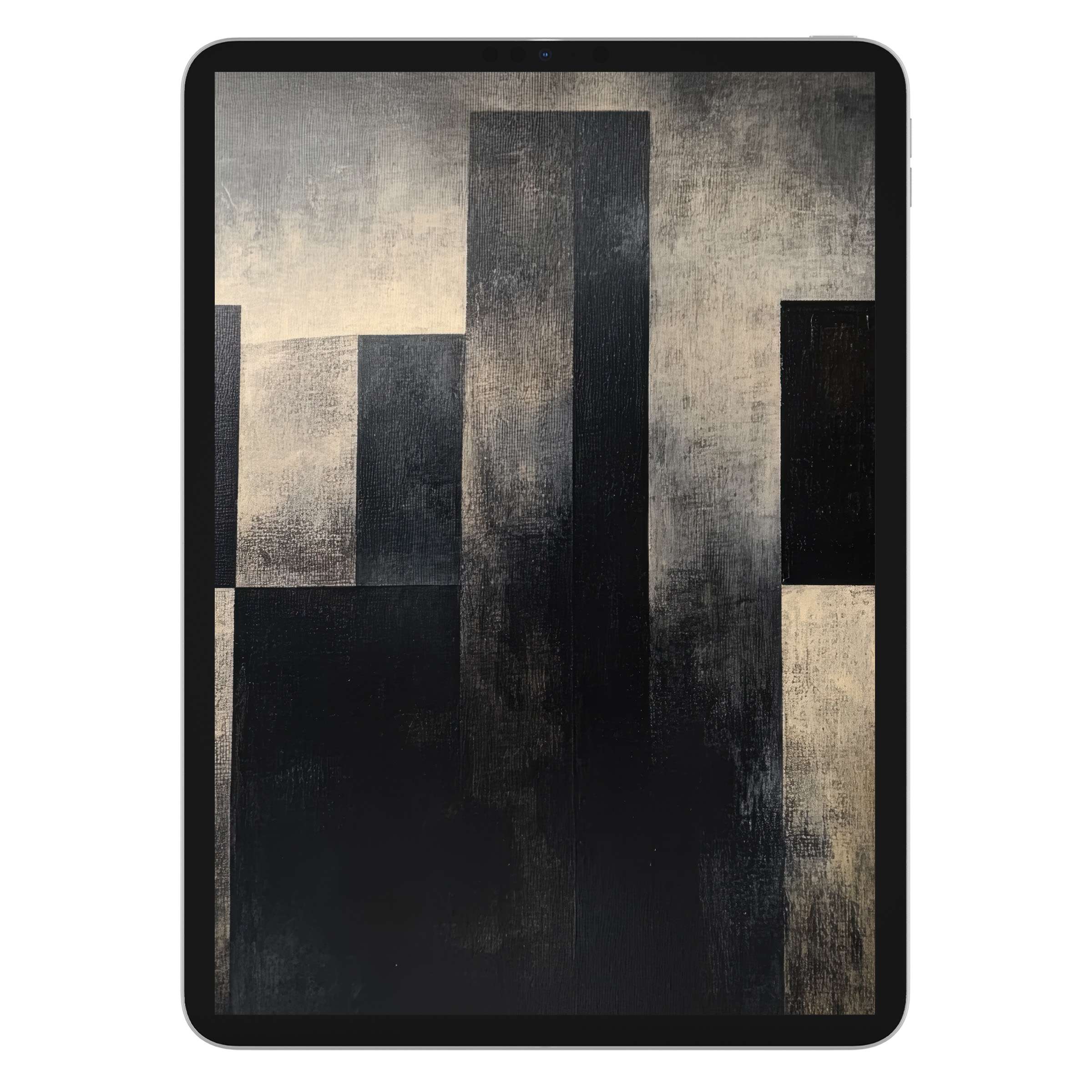 Minimalist iPad wallpaper featuring abstract dark vertical forms on a textured canvas ideal for tablet background digital download