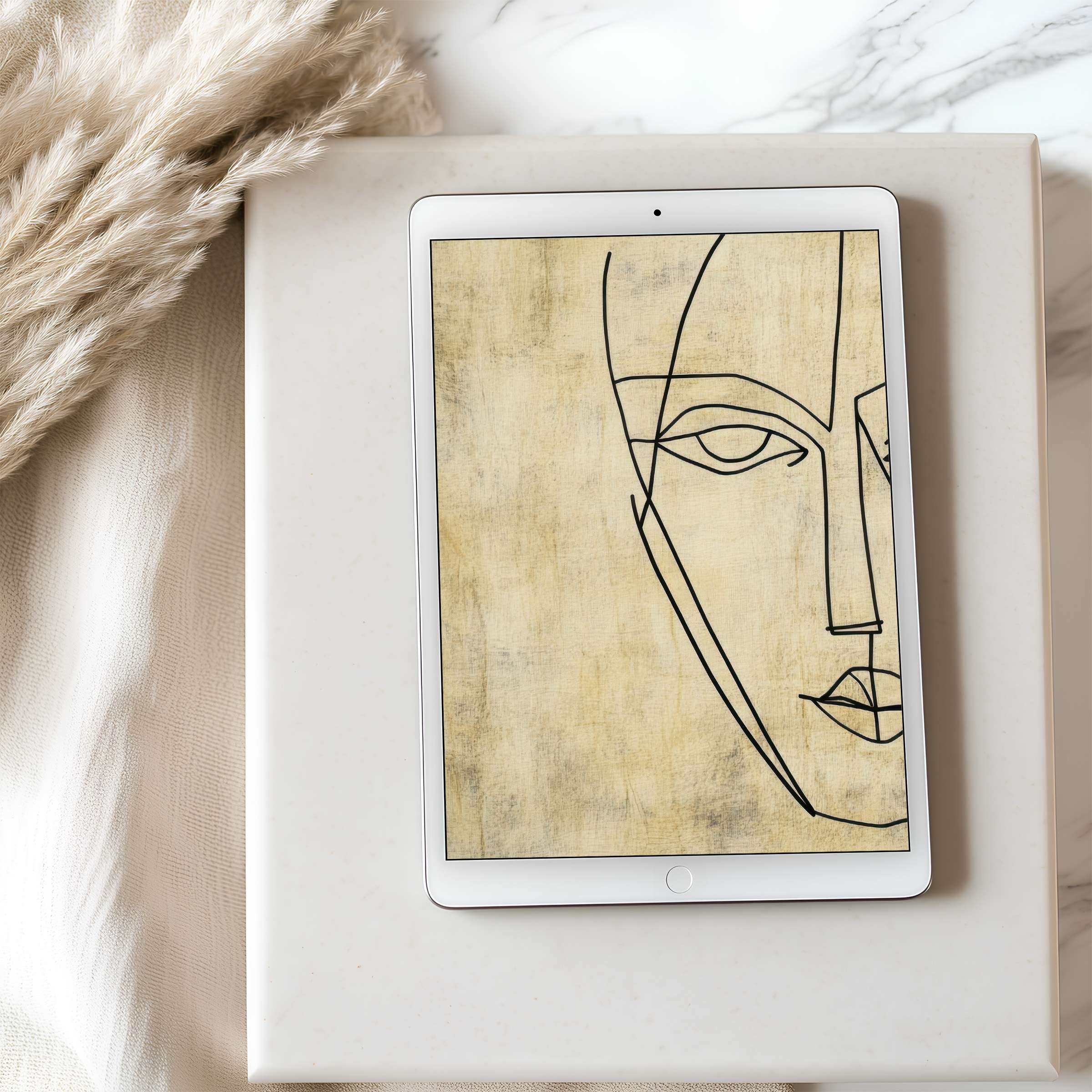 Elegant abstract face line art on a tablet wallpaper brings calm sophistication to any iPad or Android tablet high resolution download