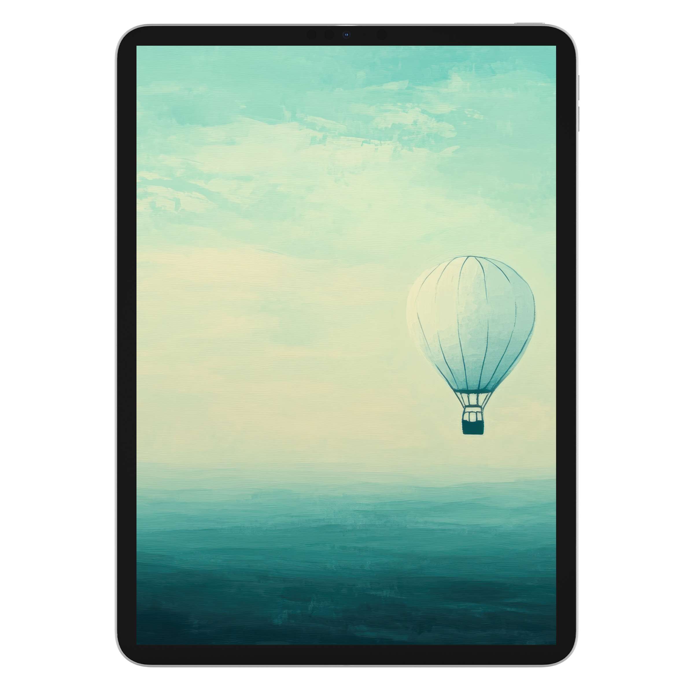 Minimalist iPad wallpaper featuring a serene sky and hot air balloon for a calming tablet background digital download elegance