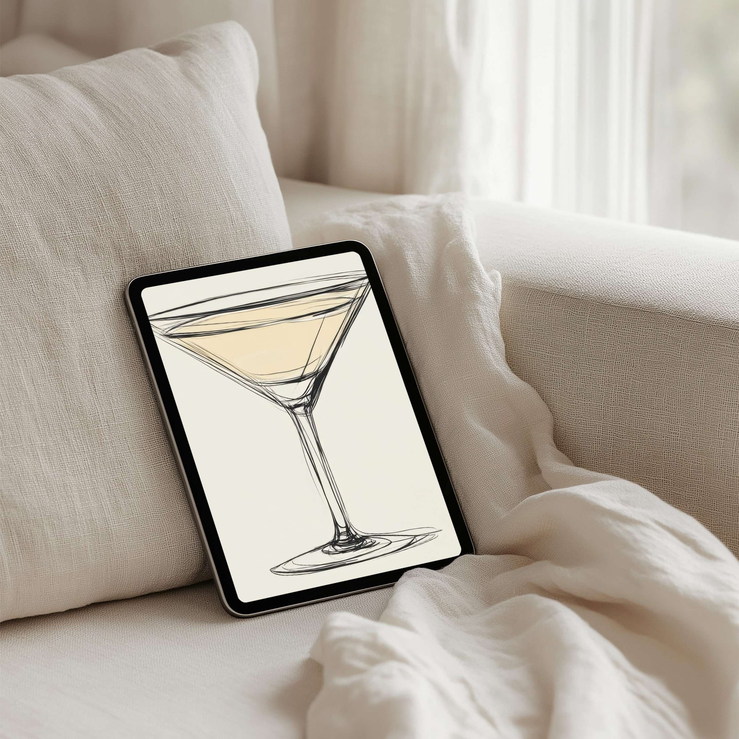 Elegant iPad background featuring a minimalist martini sketch evokes calm sophistication perfect for tablet instant download users