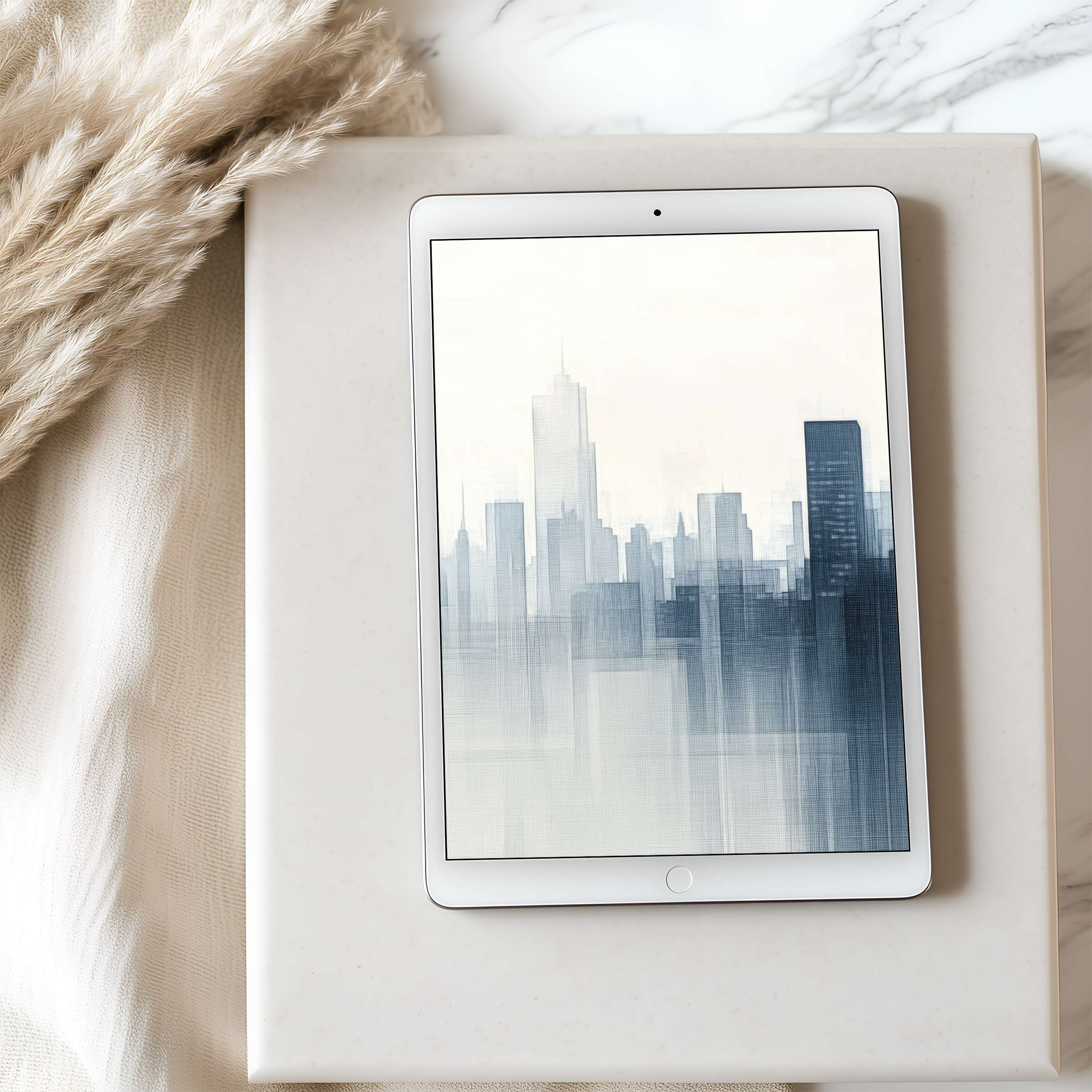 Elegant tablet wallpaper featuring a serene cityscape in soft blues and grays, perfect for high resolution iPad and Android downloads