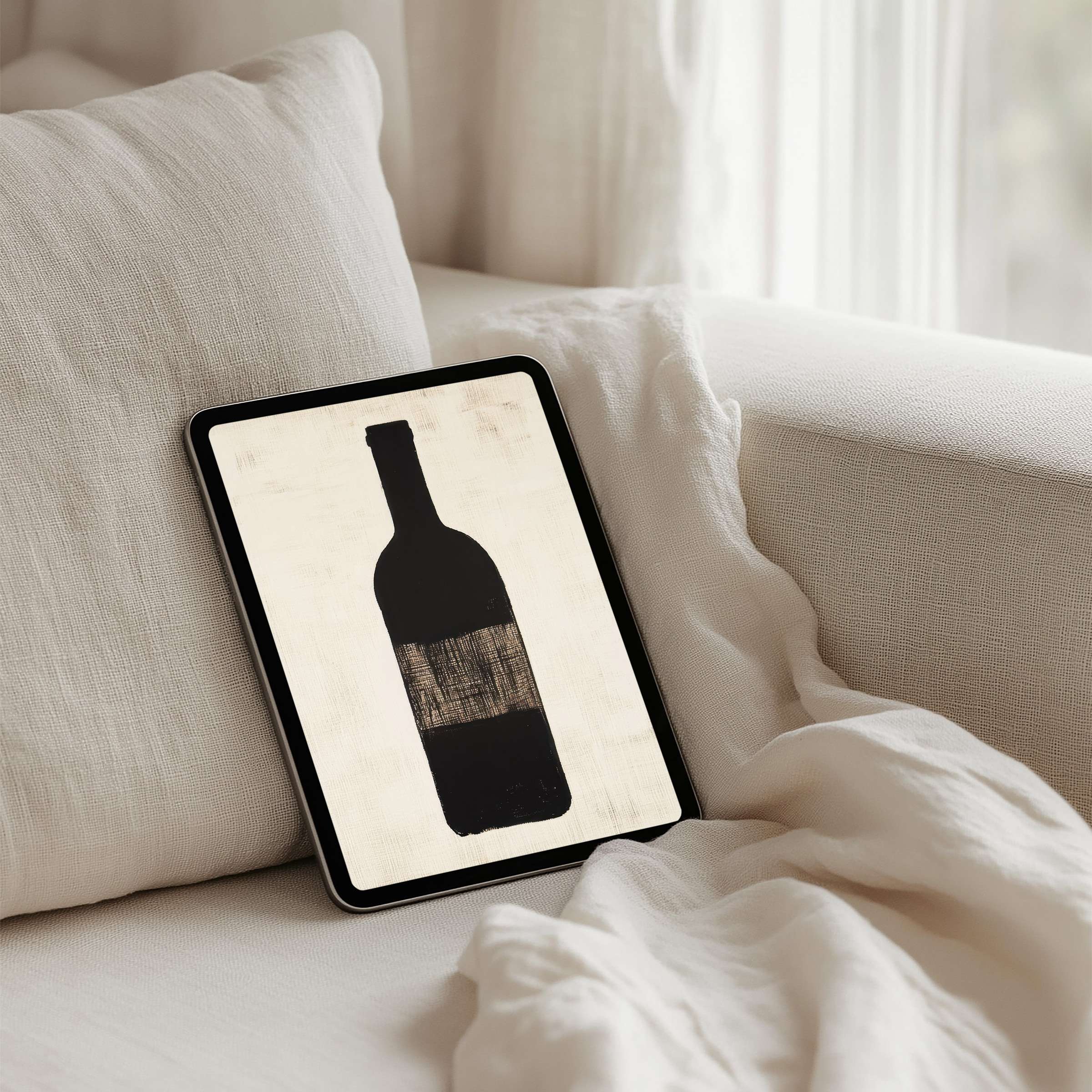 Elegant minimalist wine bottle art iPad background for instant download fits perfectly on tablets promoting calm and mindful inspiration