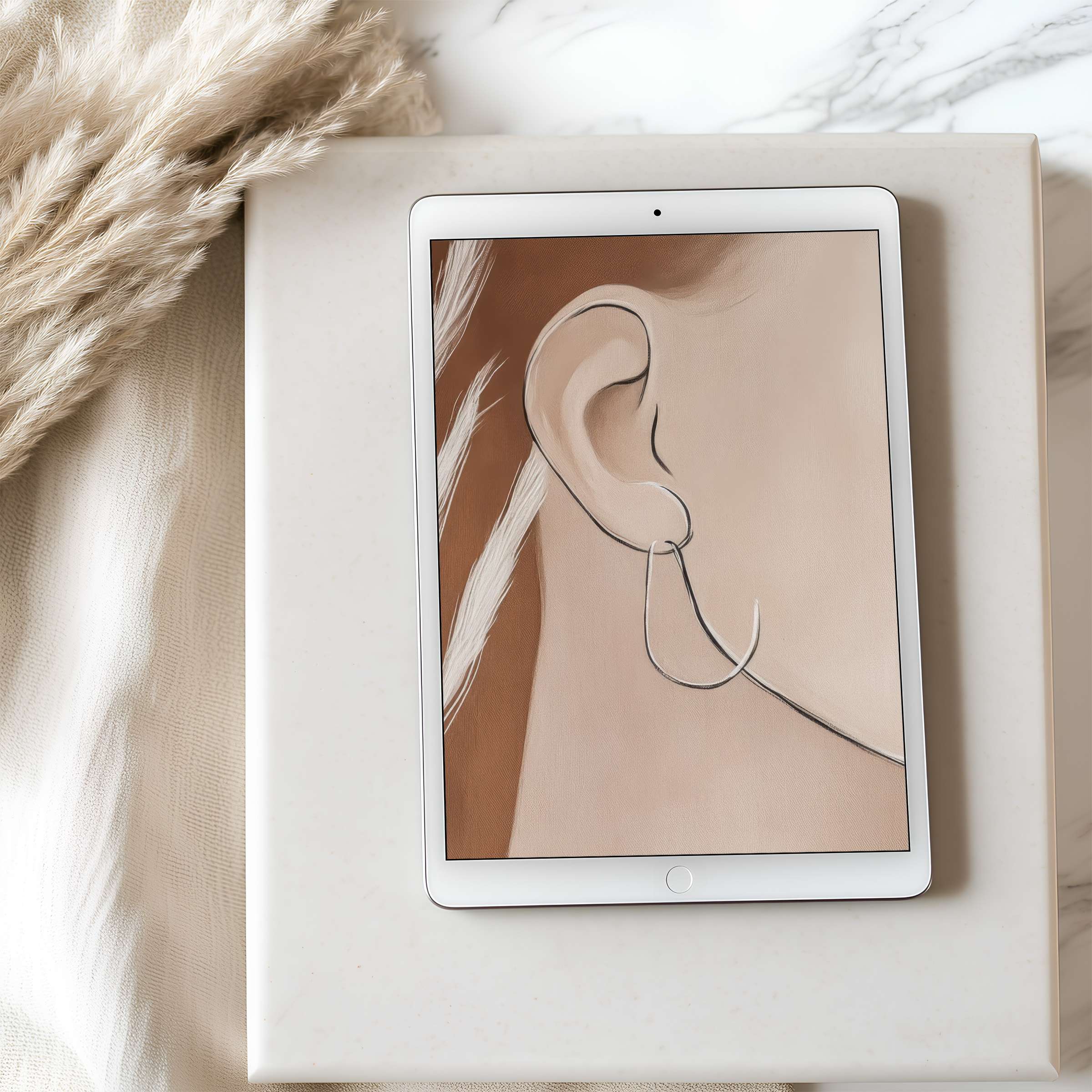 Elegant tablet wallpaper featuring minimalist art of an ear with hoop earring, suitable for high resolution iPad, digital download