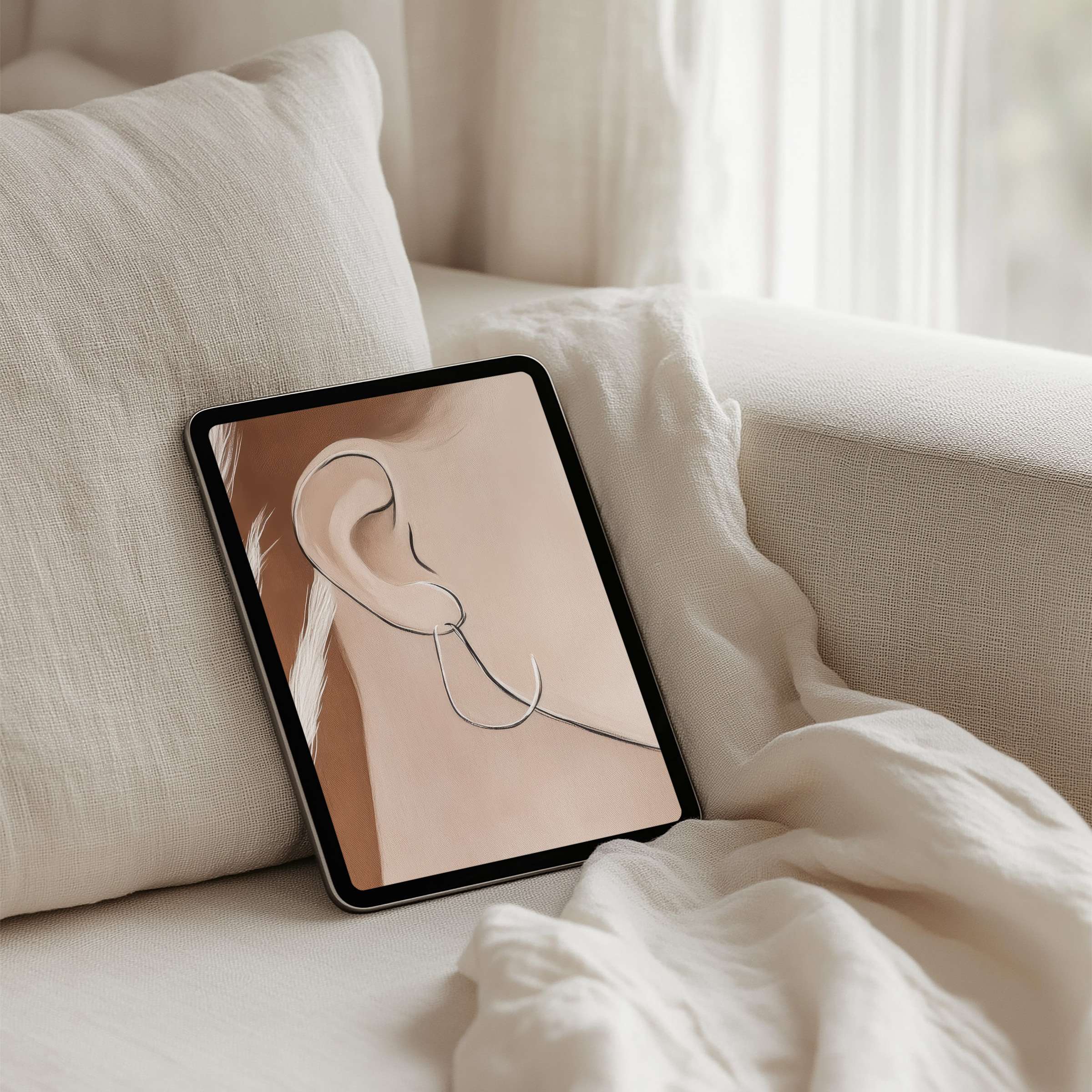 Elegant iPad background with serene art of ear and earring in soft tones perfect for instant download on any tablet
