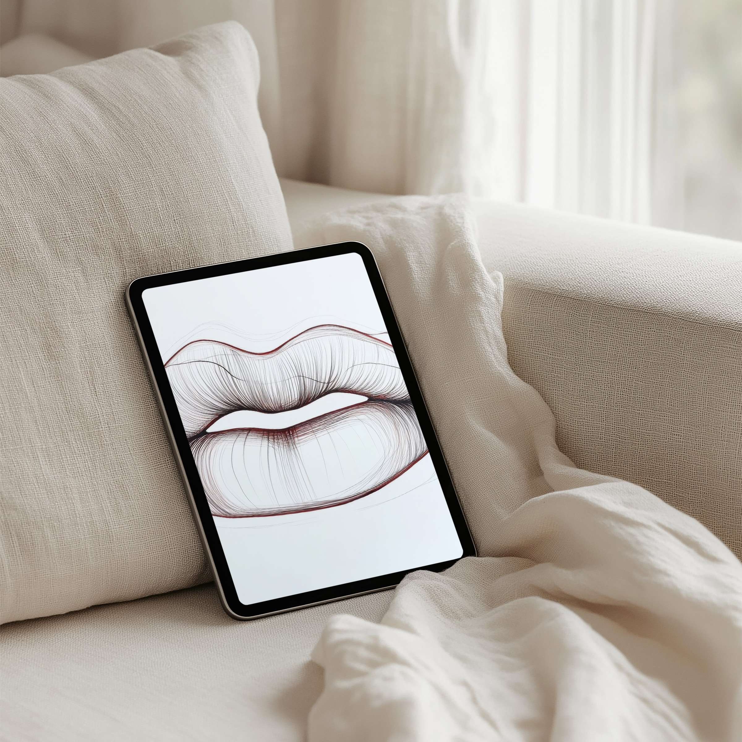 Elegant line art lips on an iPad background in a serene, cozy setting inspire calmness and mindfulness, instant download for tablet